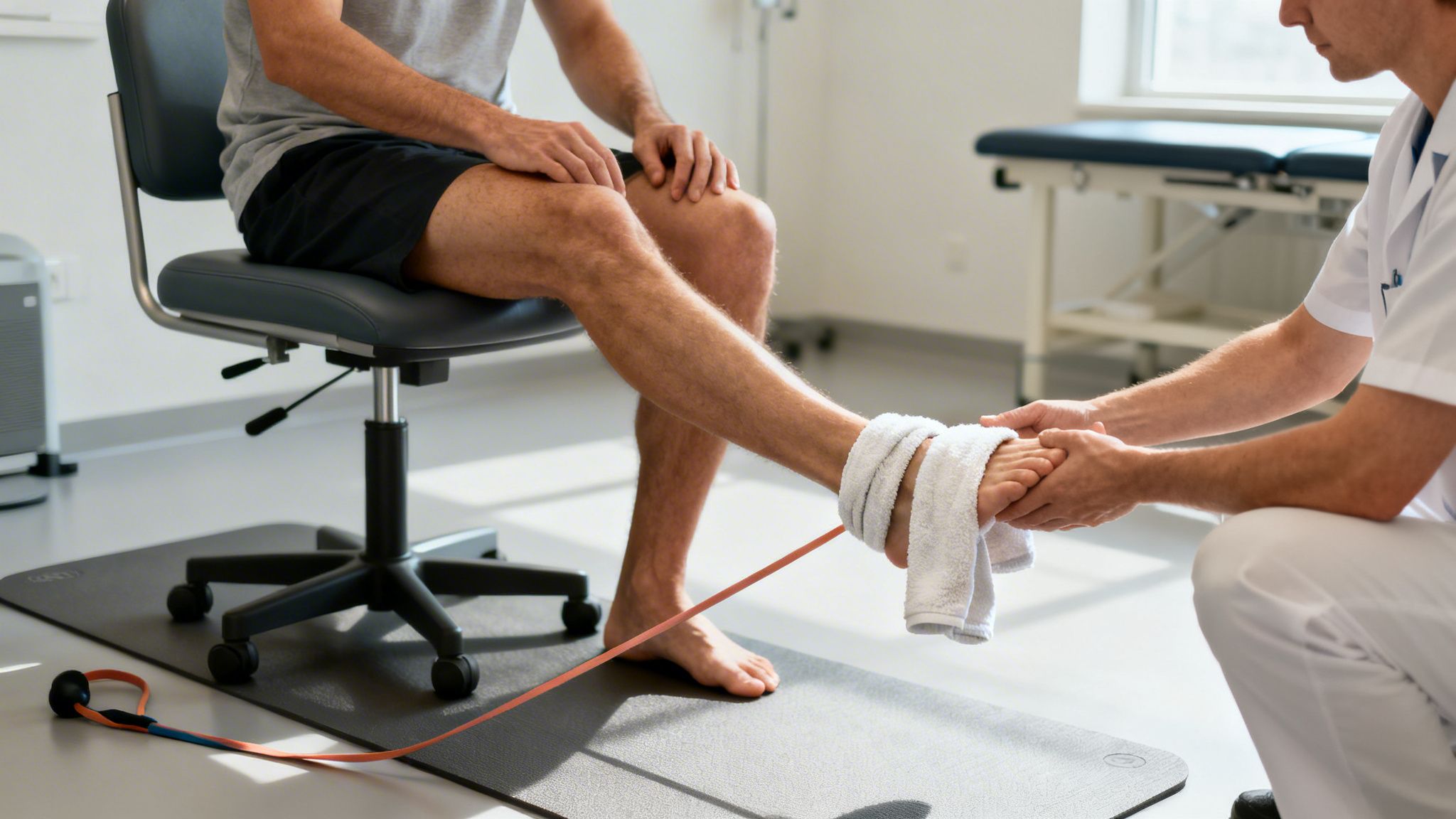 A physiotherapist assists a patient with ankle exercises using a resistance band in a modern clinic.