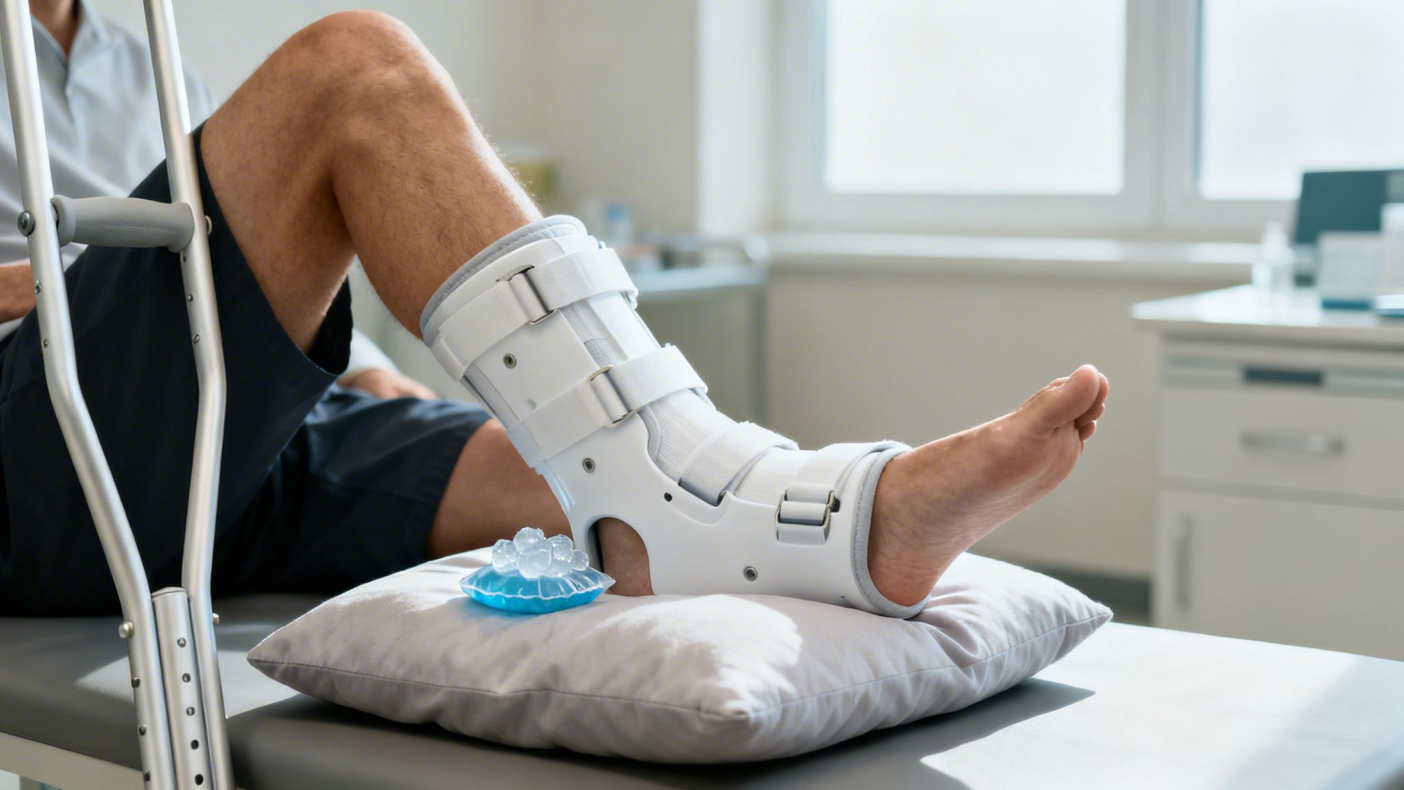 Patient with a broken ankle in a medical boot, resting leg on a pillow with an ice pack and crutches.