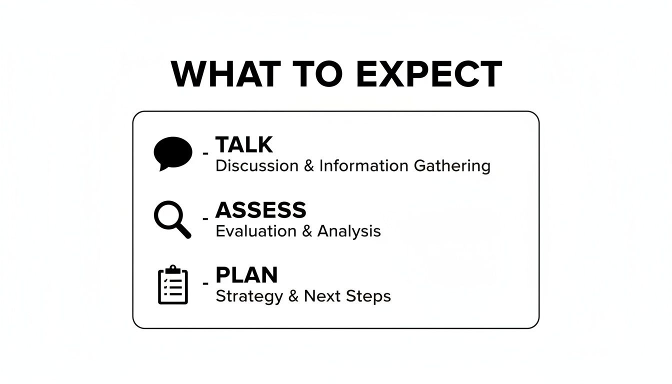 A 'What to Expect' diagram outlining three key steps: Talk, Assess, and Plan for a clear process.
