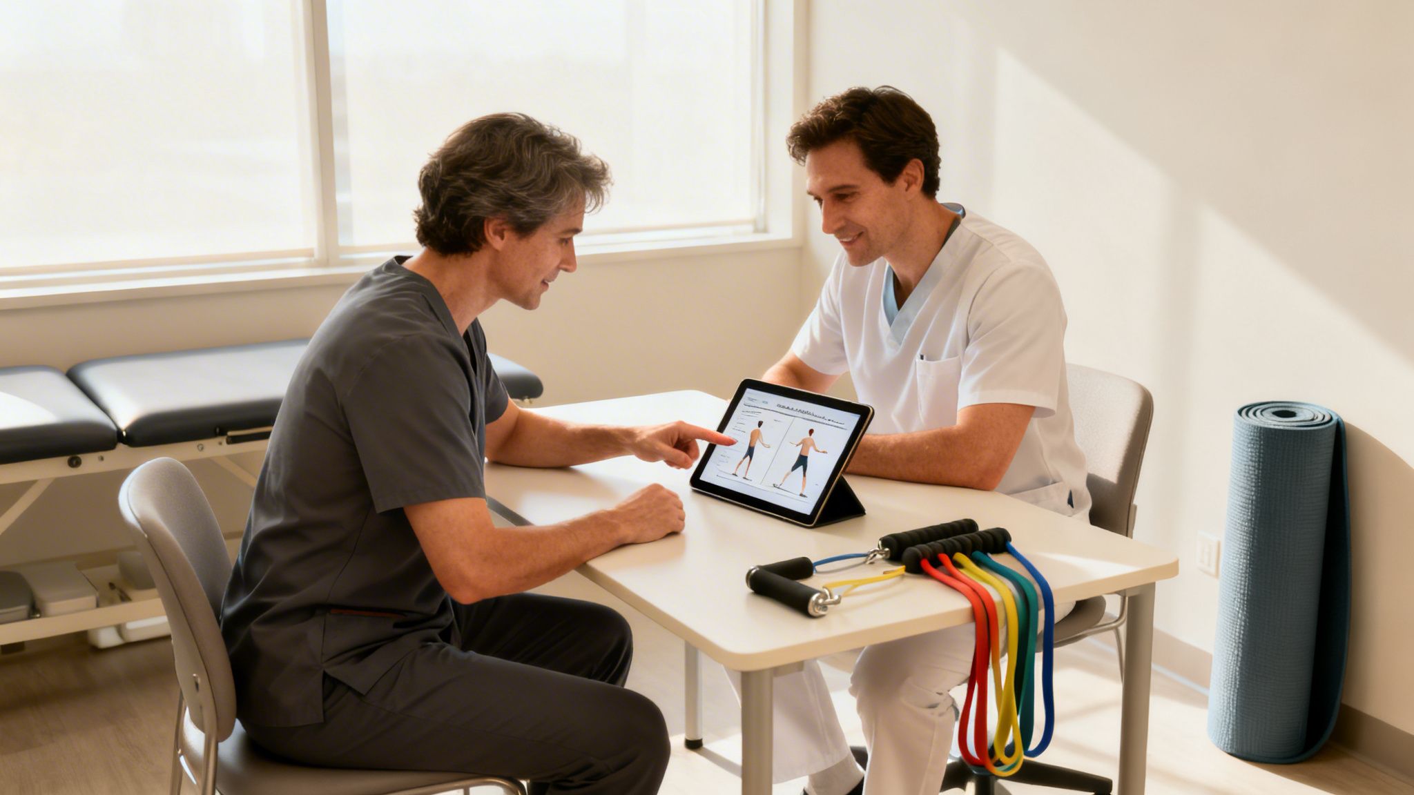 A physical therapist explains exercises to a patient using a tablet in a clinic setting.