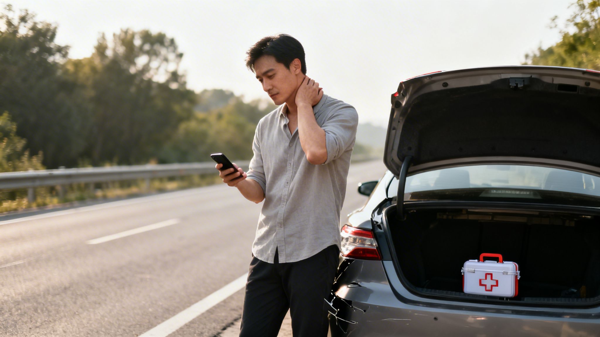 A distressed man calling for help next to his damaged car on a roadside, with a first-aid kit visible.