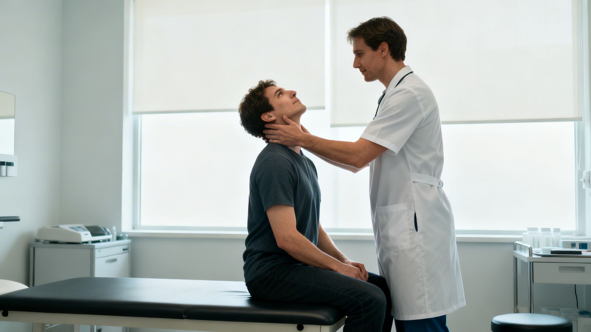A male doctor performing a neck examination on a male patient in a bright medical office.
