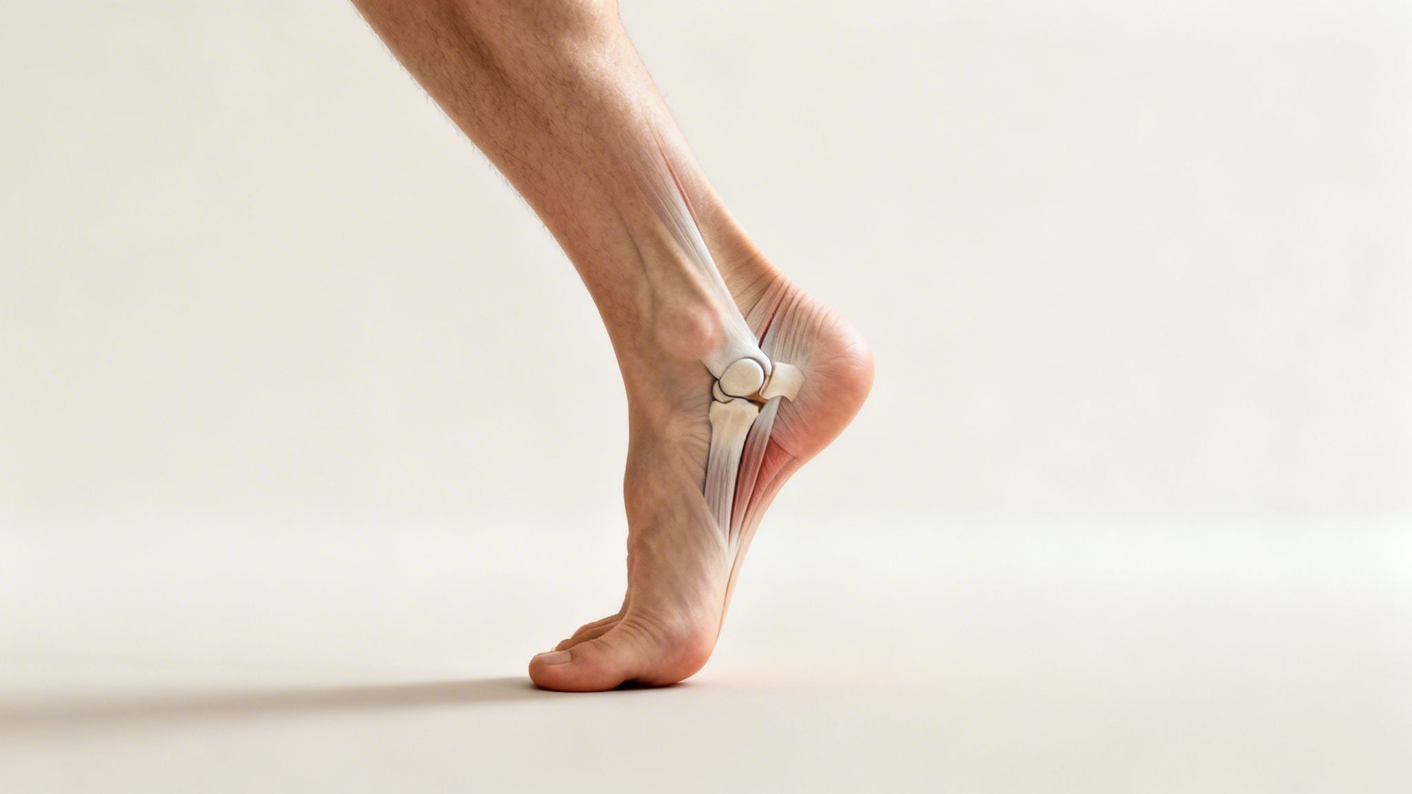 Anatomical view of a human foot and ankle, highlighting bones and tendons during a tiptoe movement.