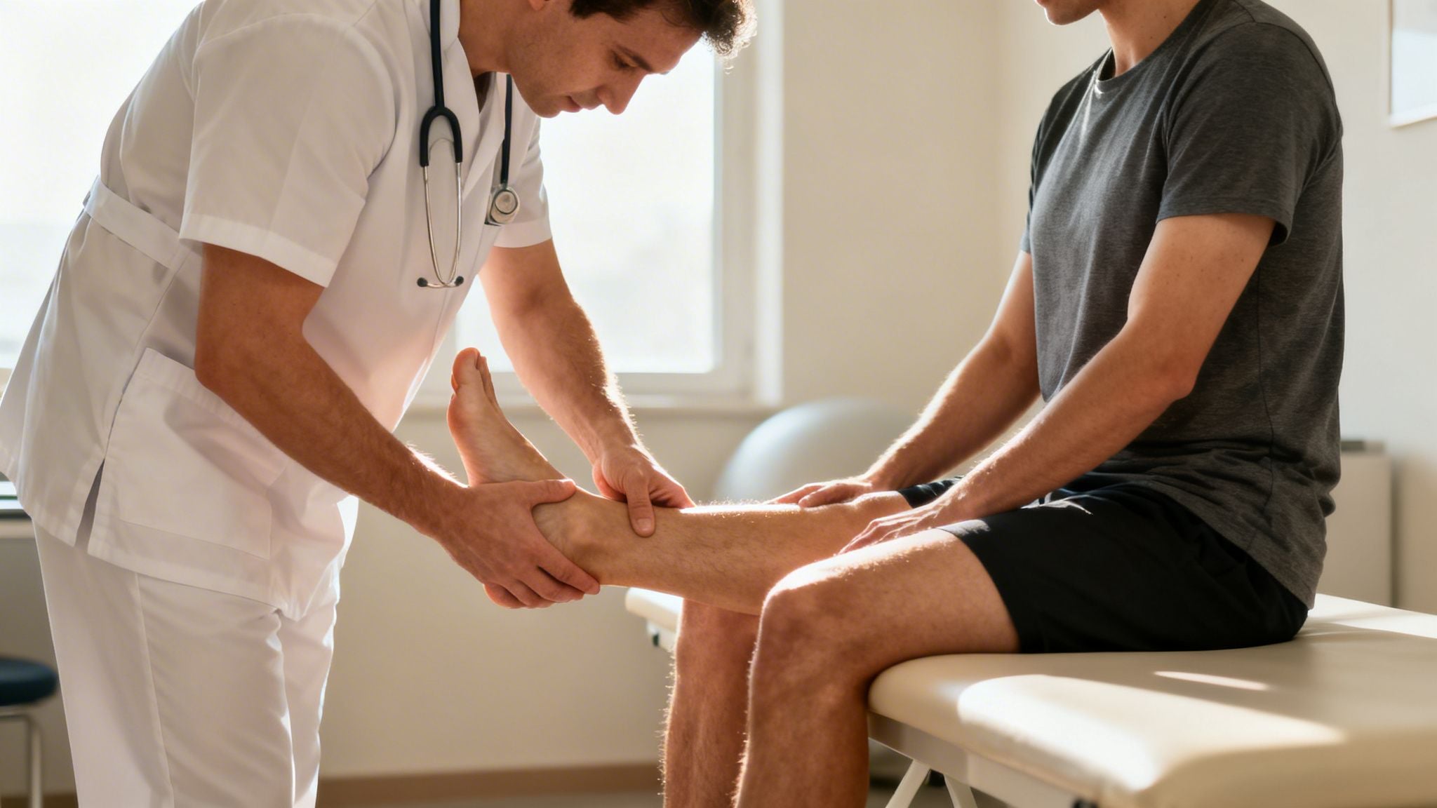 A male physical therapist examines a male patient's ankle and lower leg during a check-up.