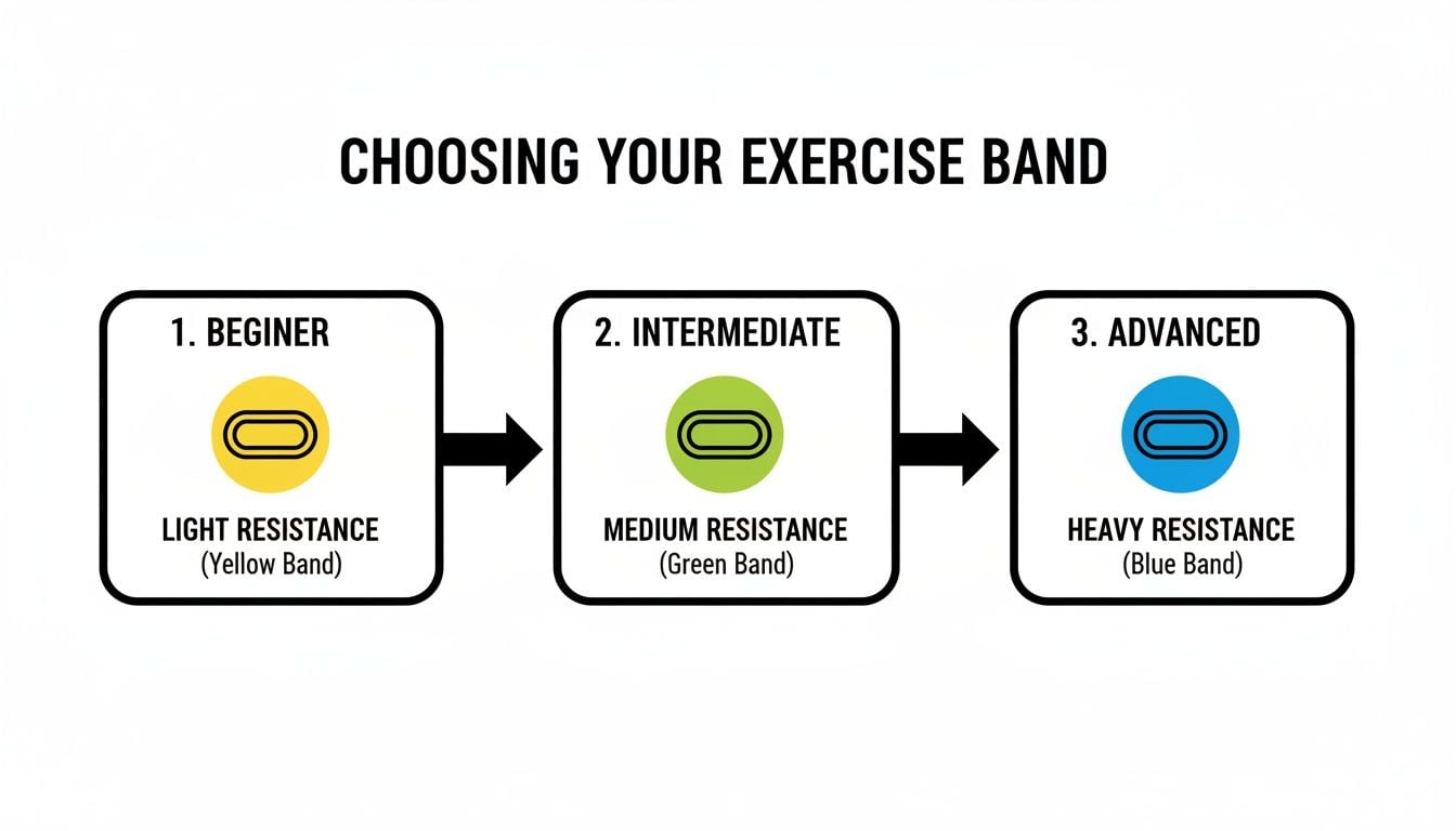A guide illustrating how to choose an exercise band, categorizing by beginner (yellow, light), intermediate (green, medium), and advanced (blue, heavy) resistance levels.