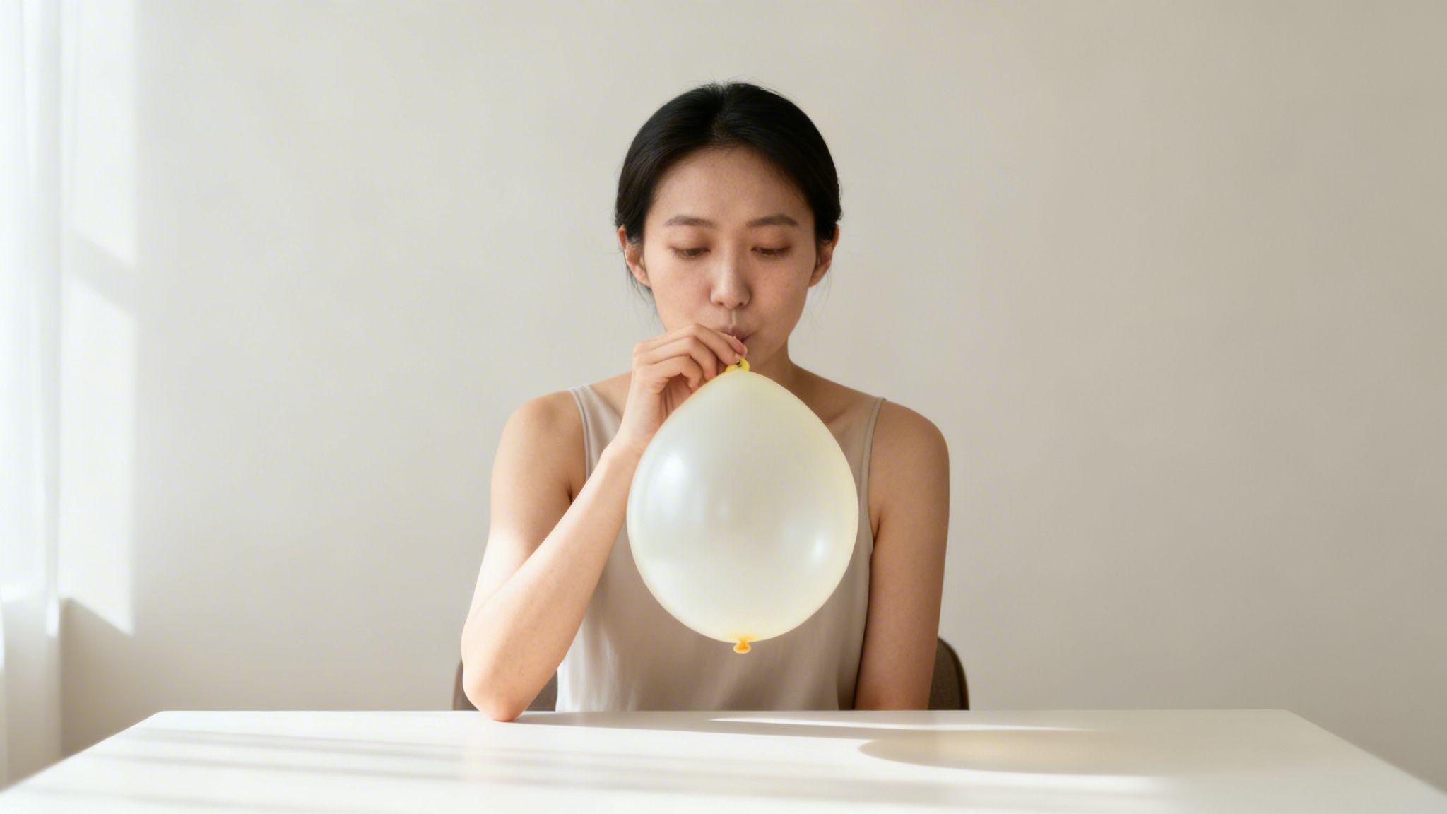A young woman in a light top sits at a table, blowing up a yellow balloon.