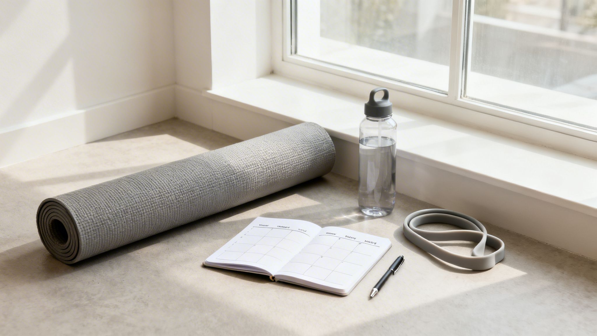 A grey yoga mat, water bottle, open planner, pen, and resistance band ready for a workout.