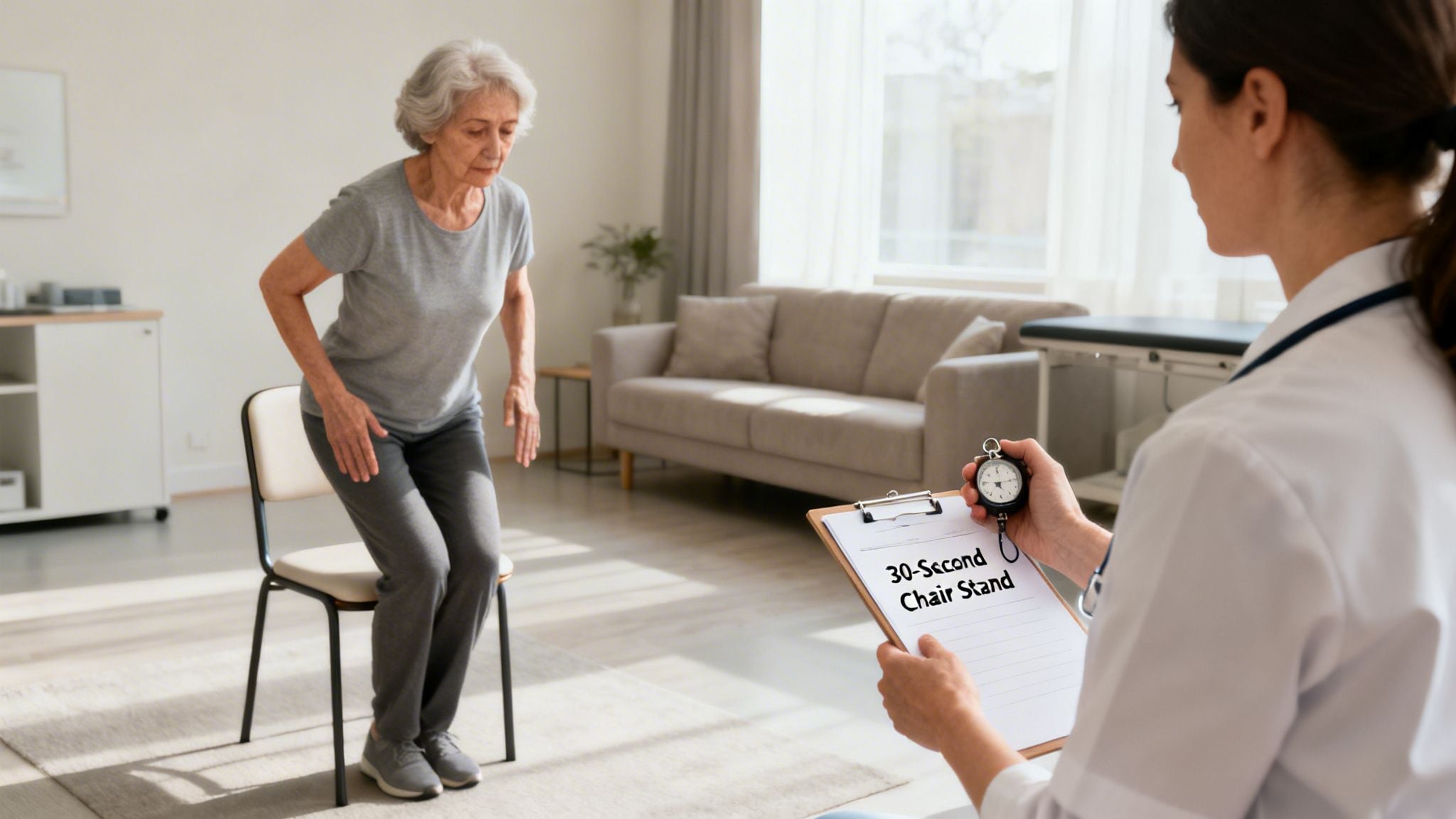 An older woman performs a 30-second chair stand test while a doctor monitors with a stopwatch.