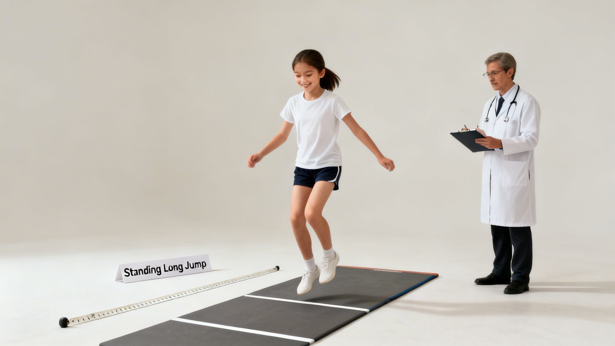 A girl performs a standing long jump test with a doctor observing and taking notes.