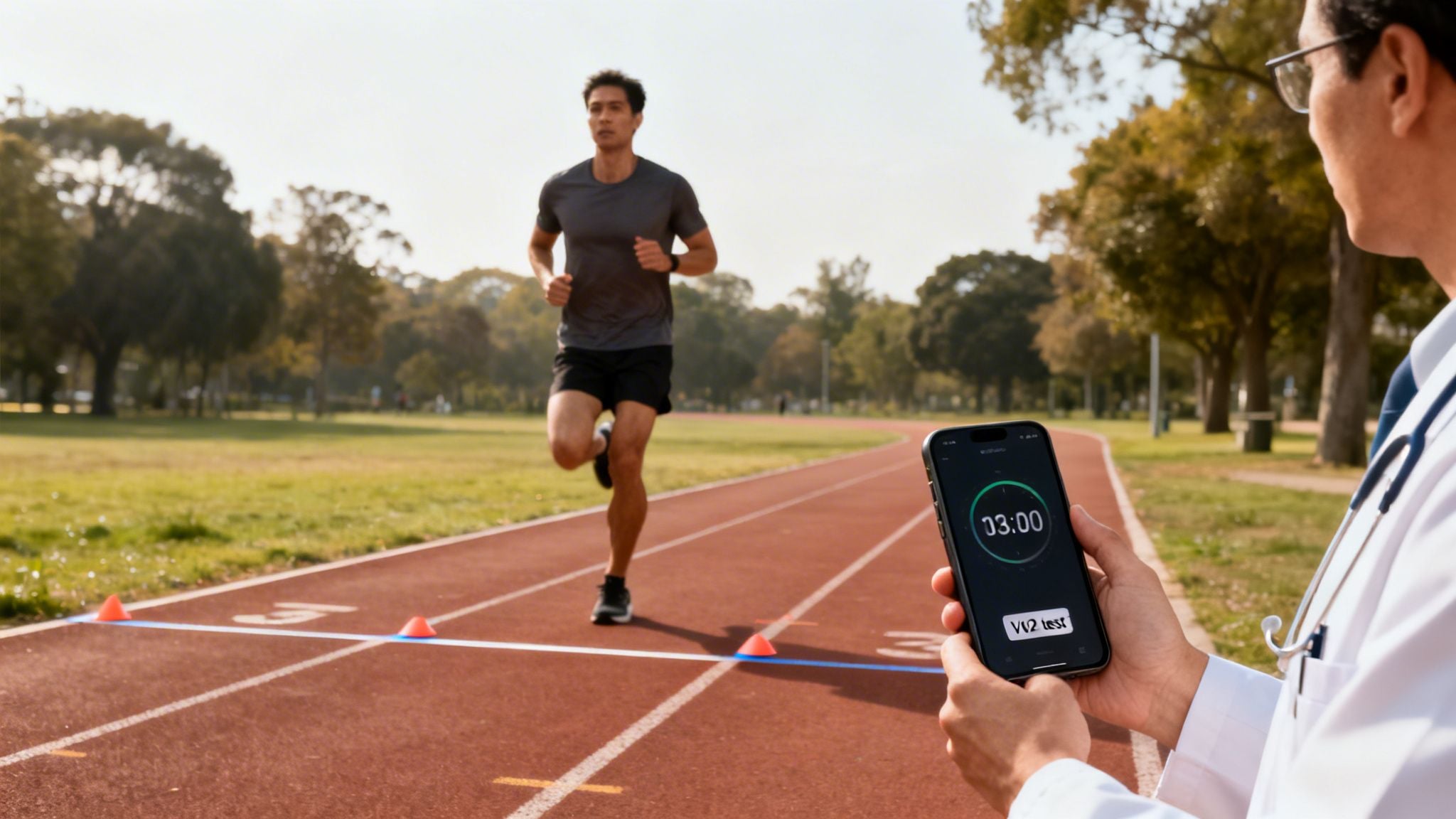 Athlete undergoes a VO2 fitness test on an outdoor track, monitored by a doctor with a timer.
