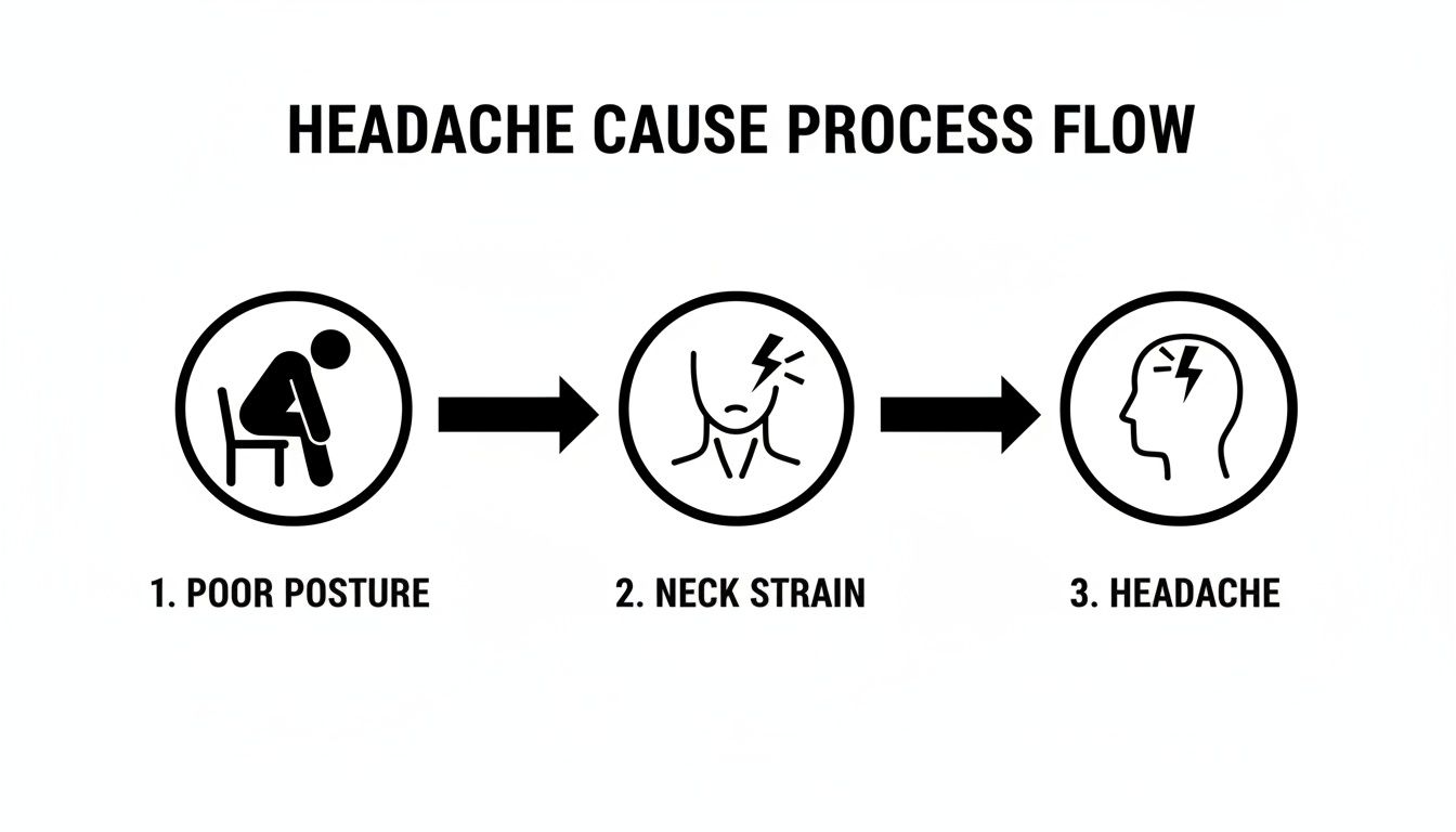 A three-step diagram illustrating the process: poor posture leads to neck strain, which causes a headache.