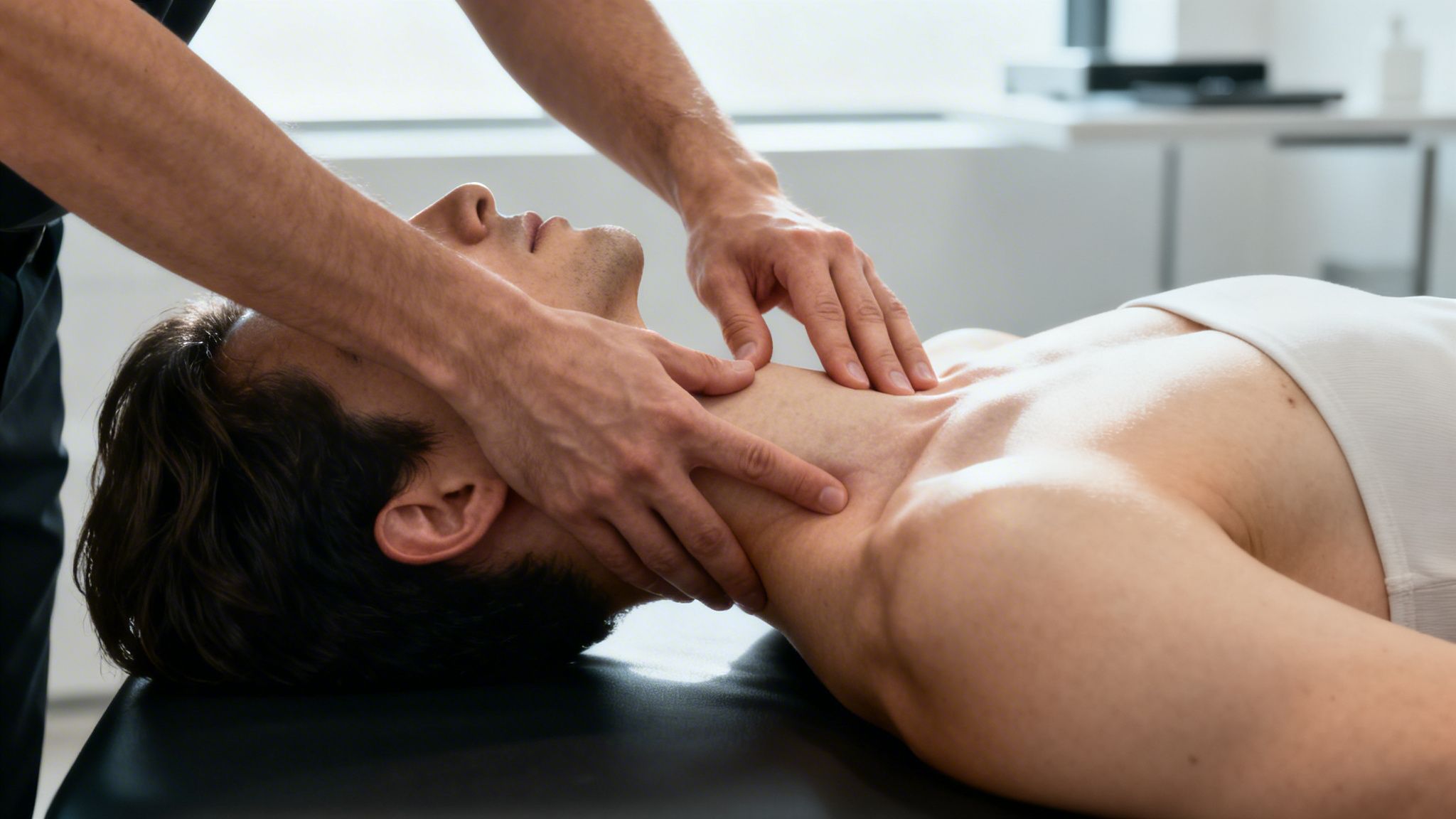 A person lying on a table receiving a therapeutic neck and shoulder massage from a practitioner.