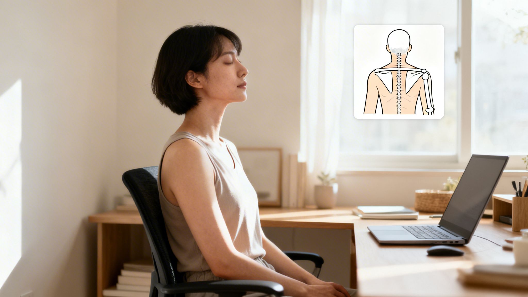 A woman with short dark hair meditates or stretches in an office chair, with a spine diagram visible.