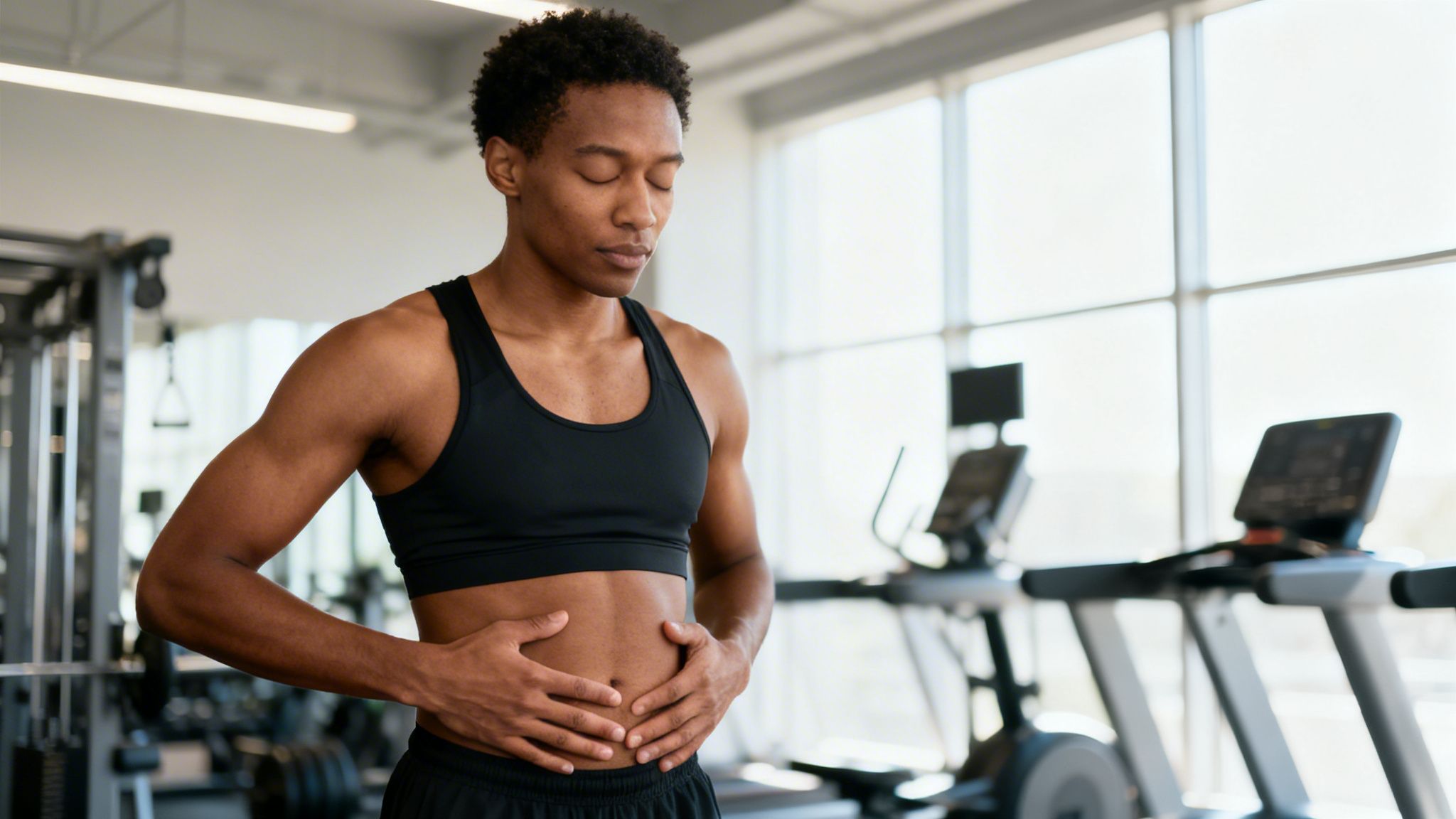 A fit Black man in a gym, eyes closed, hands on his abdomen, focusing on deep breathing.