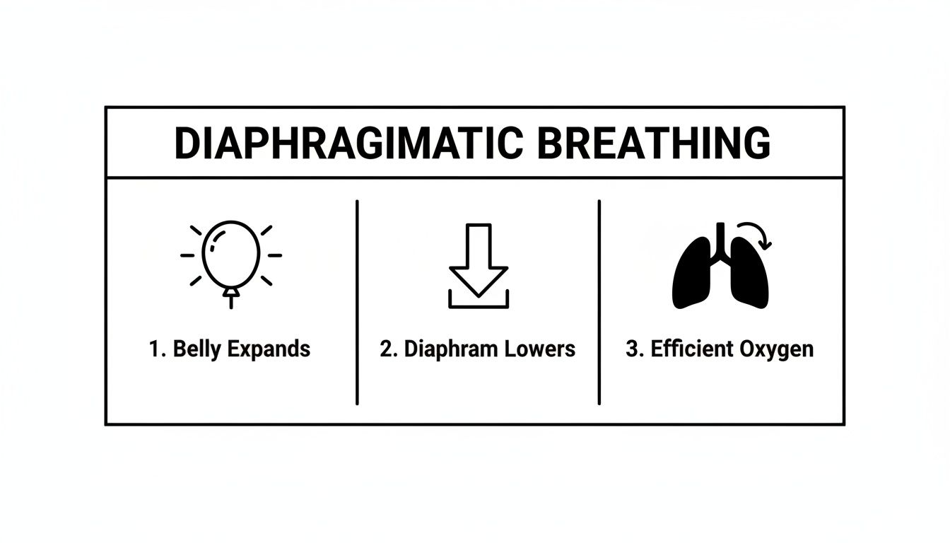 Diagram illustrating the three steps of diaphragmatic breathing: belly expands, diaphragm lowers, leading to efficient oxygen exchange.