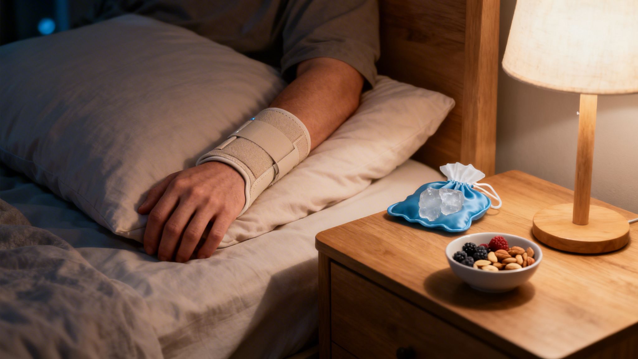 A person with a wrist brace resting in bed, with an ice pack and snacks on the bedside table.