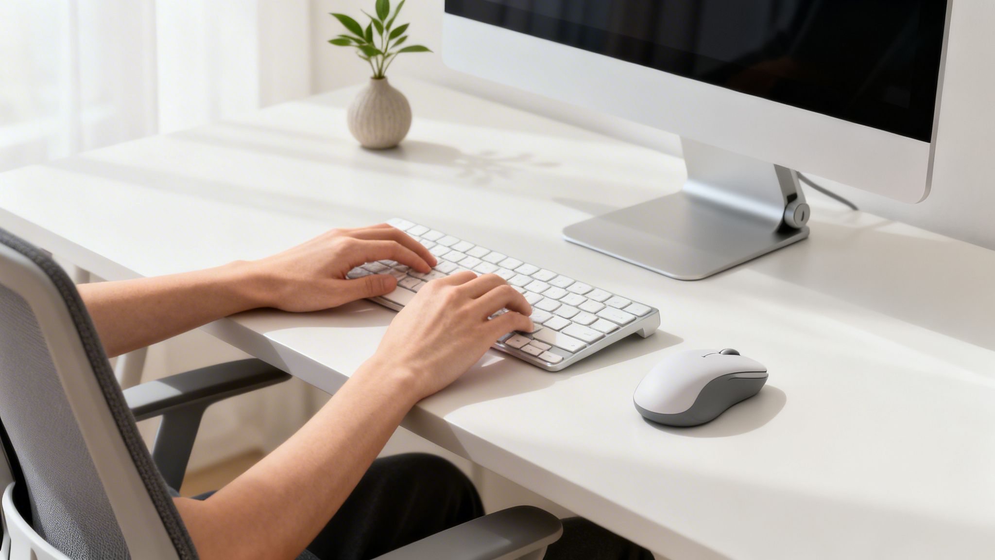 Person typing on a white keyboard at a minimalist desk with a computer monitor and mouse.