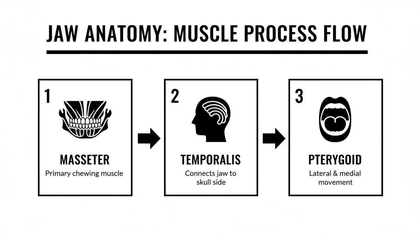 A flow chart illustrating jaw anatomy and muscle process, showing masseter, temporalis, and pterygoid muscles.