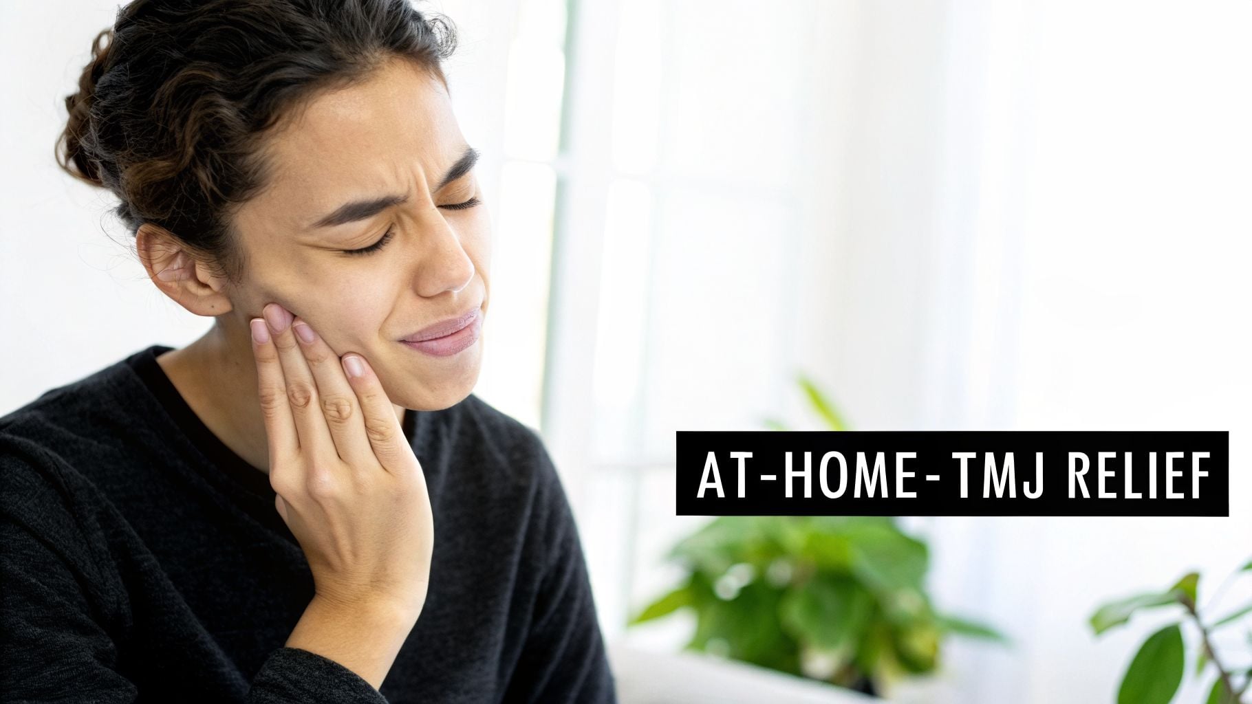 A woman with curly hair holds her jaw in pain, looking for at-home TMJ relief.