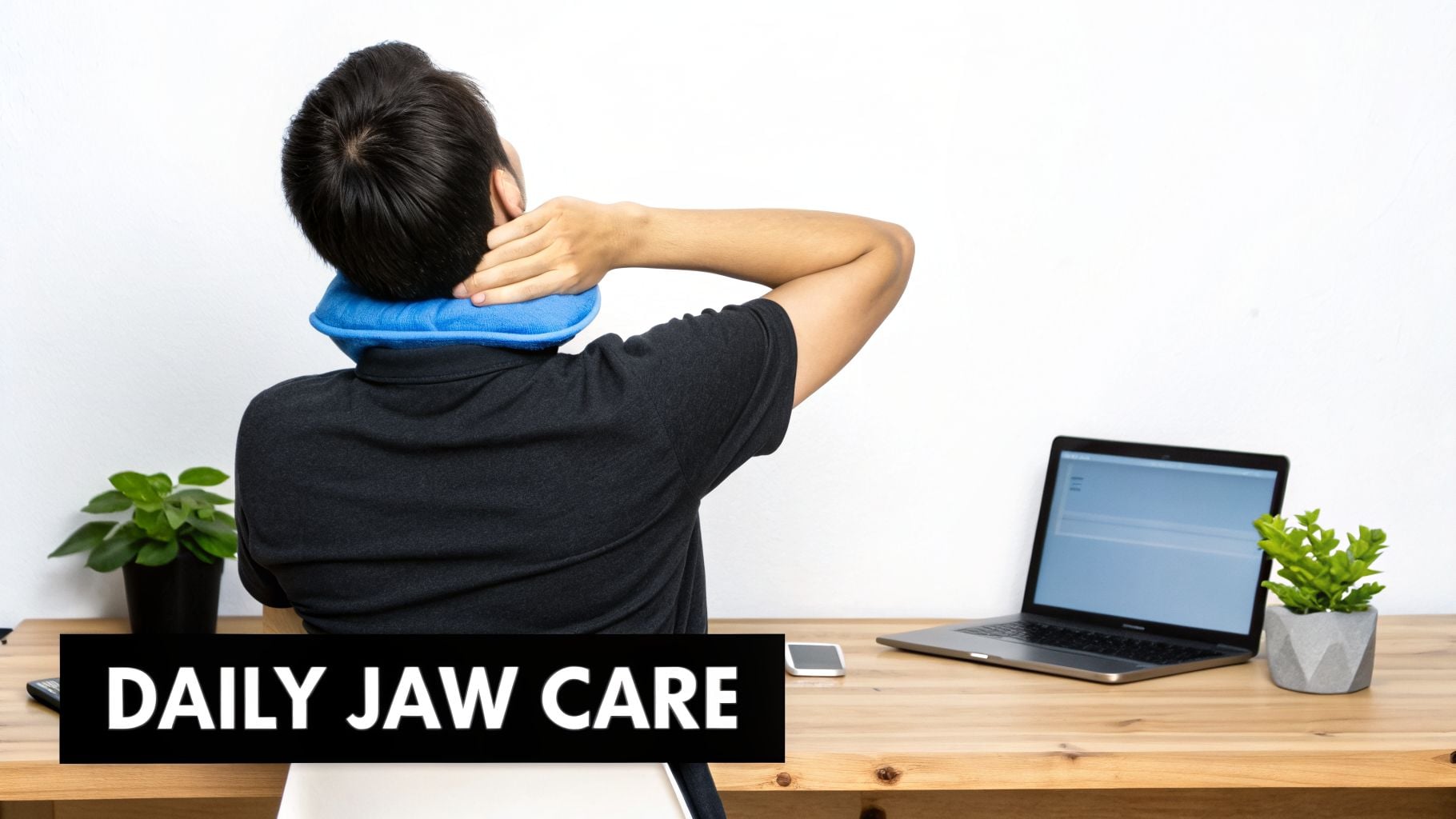 A person with a blue neck pillow applies heat or cold to their neck at a wooden desk with a laptop.