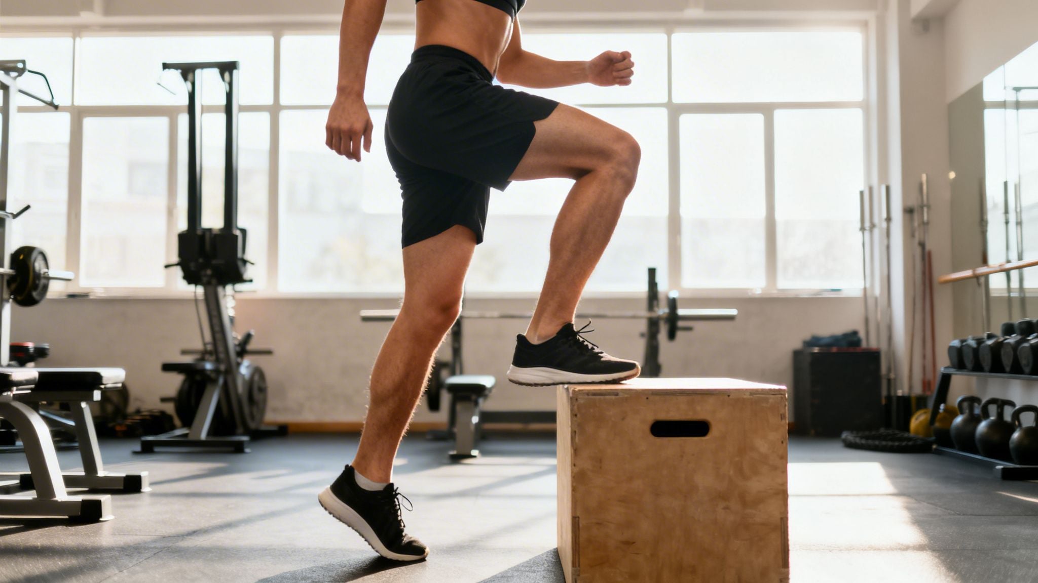 A man performing a box step-up exercise in a sunny gym, focusing on knee recovery.