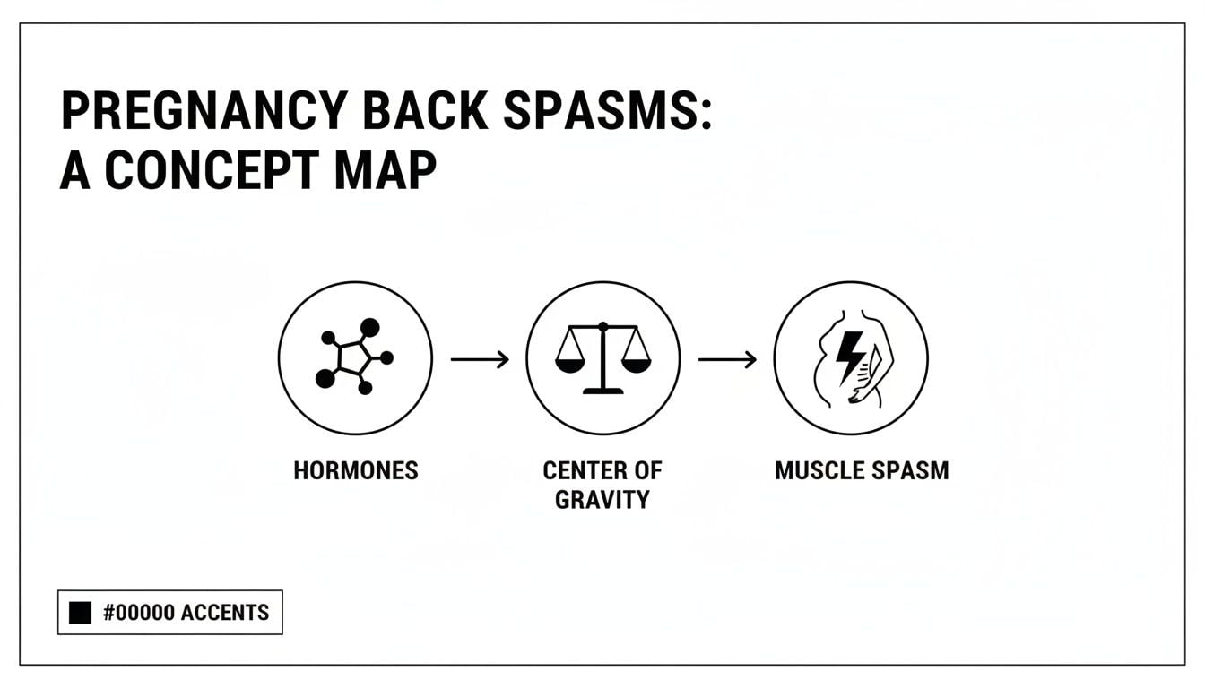 A concept map shows the progression from hormones to altered center of gravity leading to muscle spasms during pregnancy.