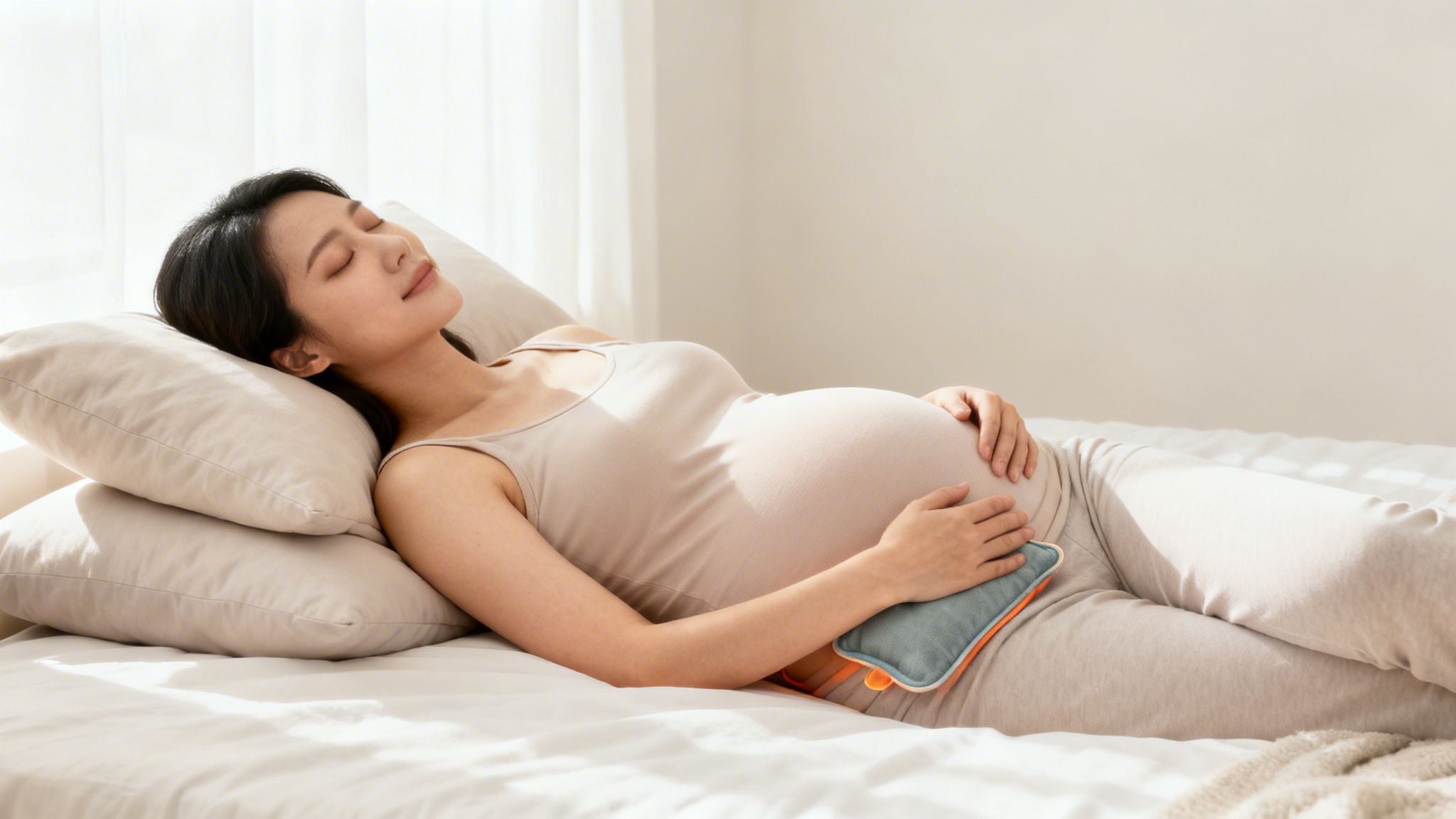 Relaxed pregnant woman lying on bed with a hot pack on her belly.
