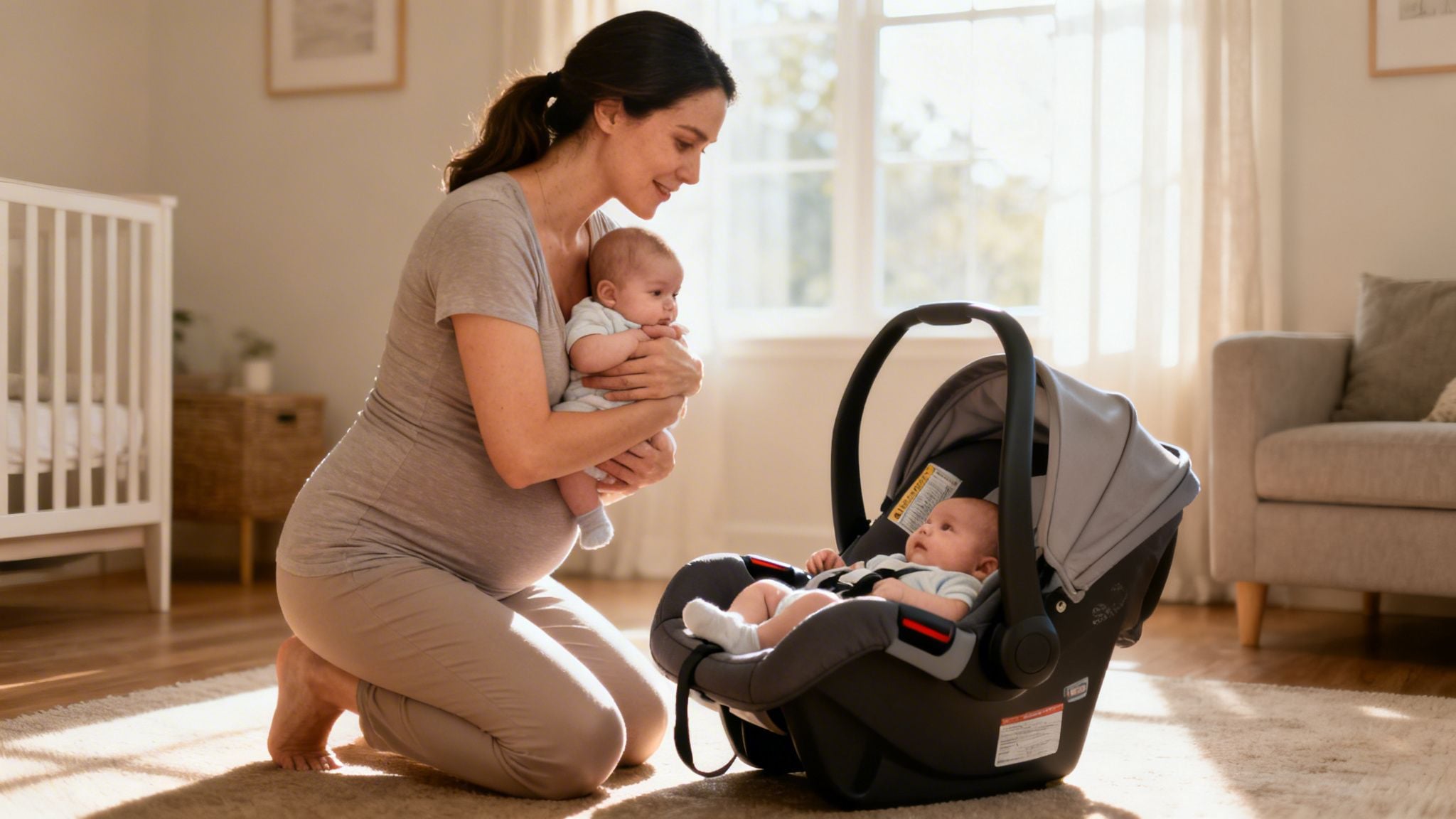 A happy pregnant mother kneels, holding one baby and looking at her other baby in a car seat.
