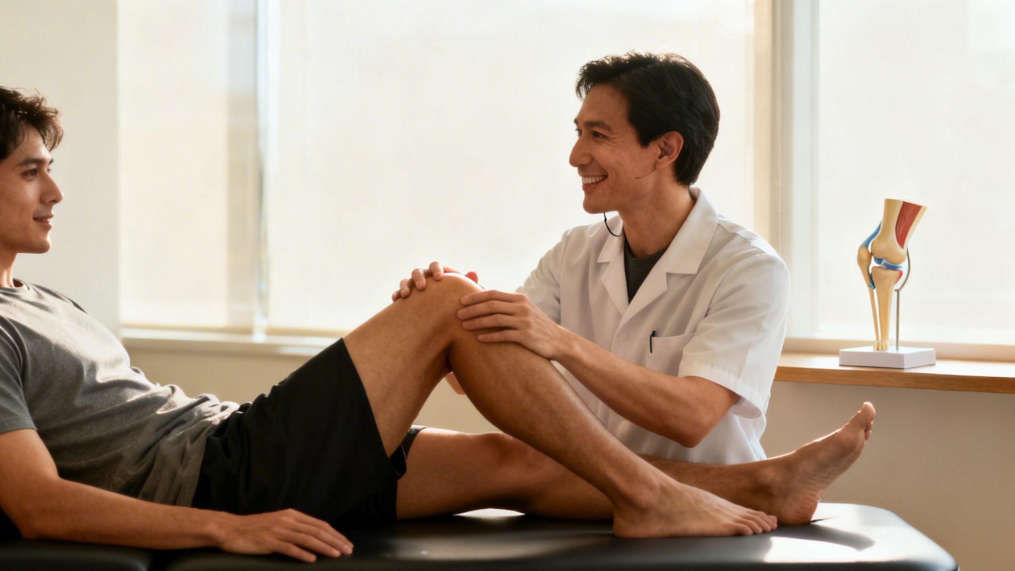 A male physical therapist examines a male patient's knee during a rehabilitation session, both smiling.