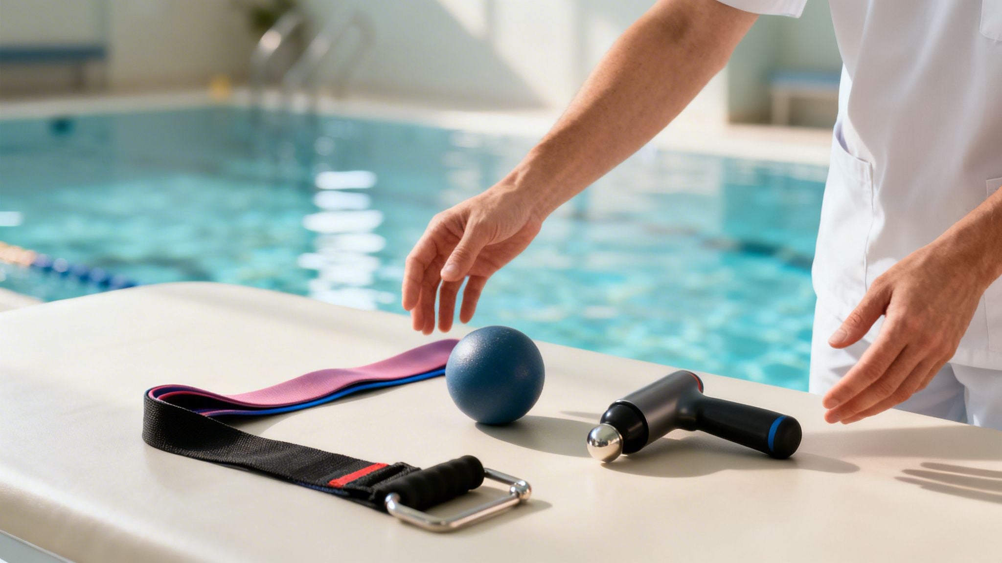 A physical therapist's hands reaching for rehabilitation equipment on a table by a swimming pool.