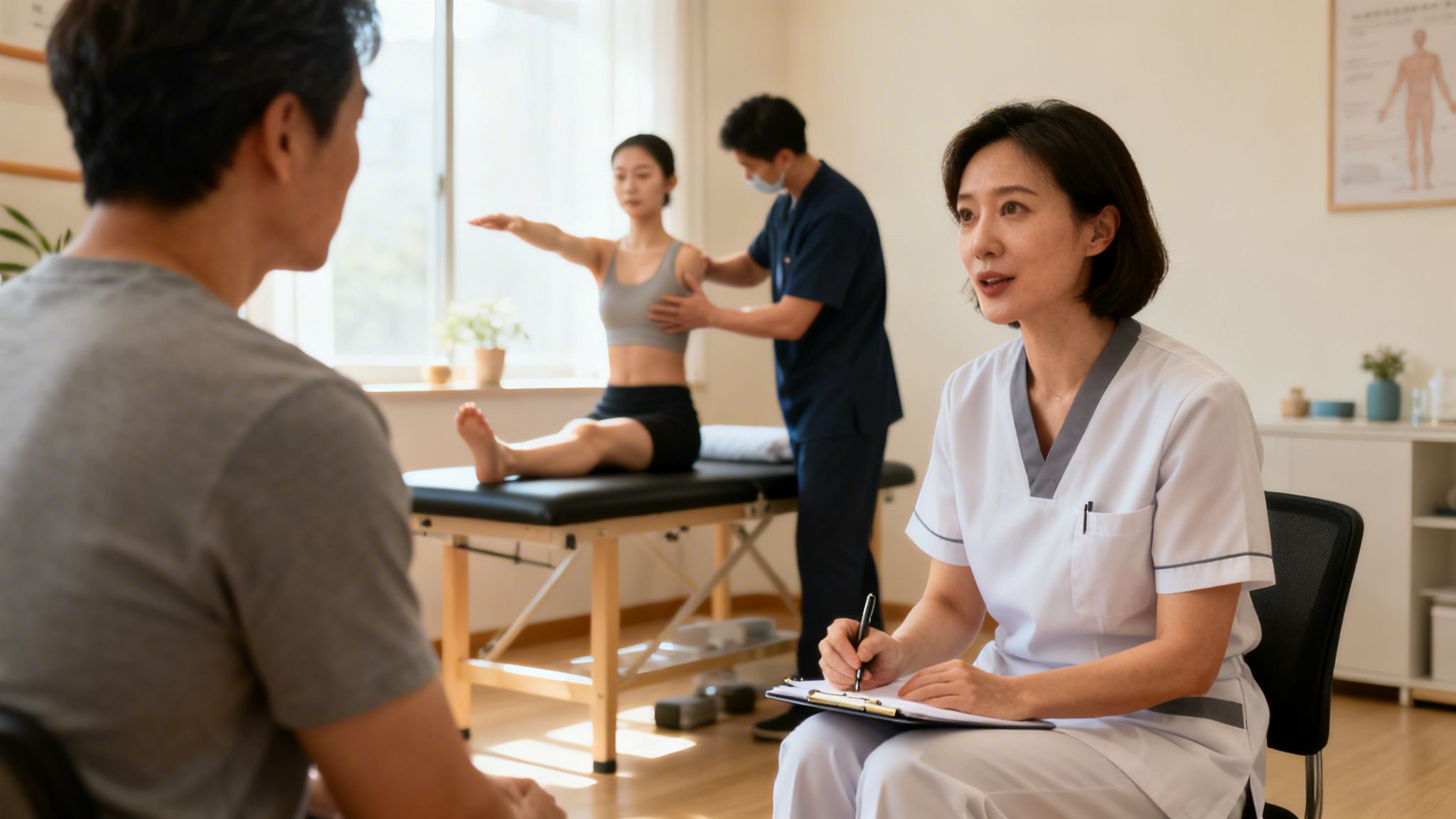 A female therapist consults a male patient, while another therapist assists a female with exercises.