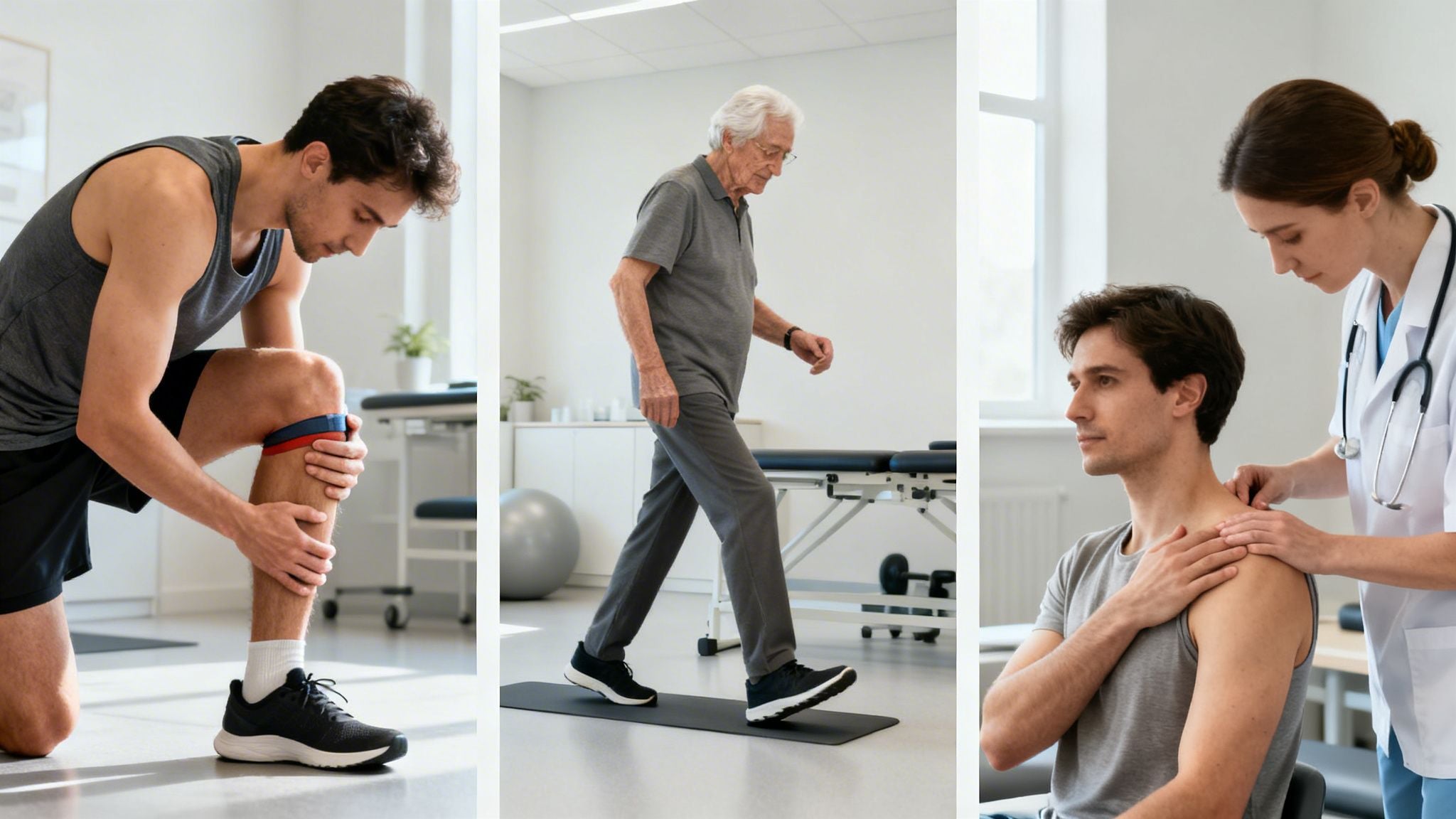 People of different ages receiving physical therapy for rehabilitation and strength building.
