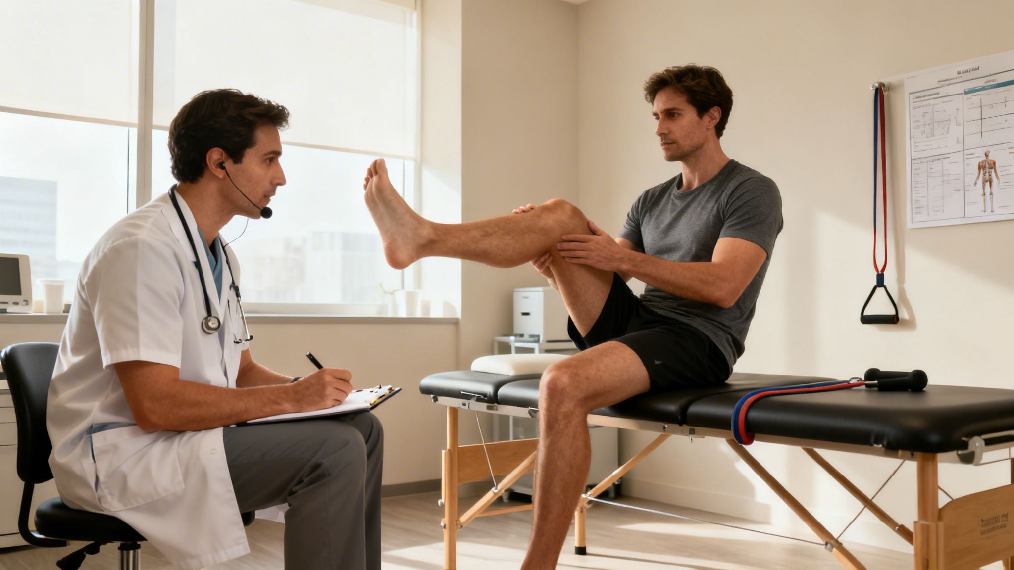 Doctor examining a male patient's leg during an orthopedic physical therapy session.