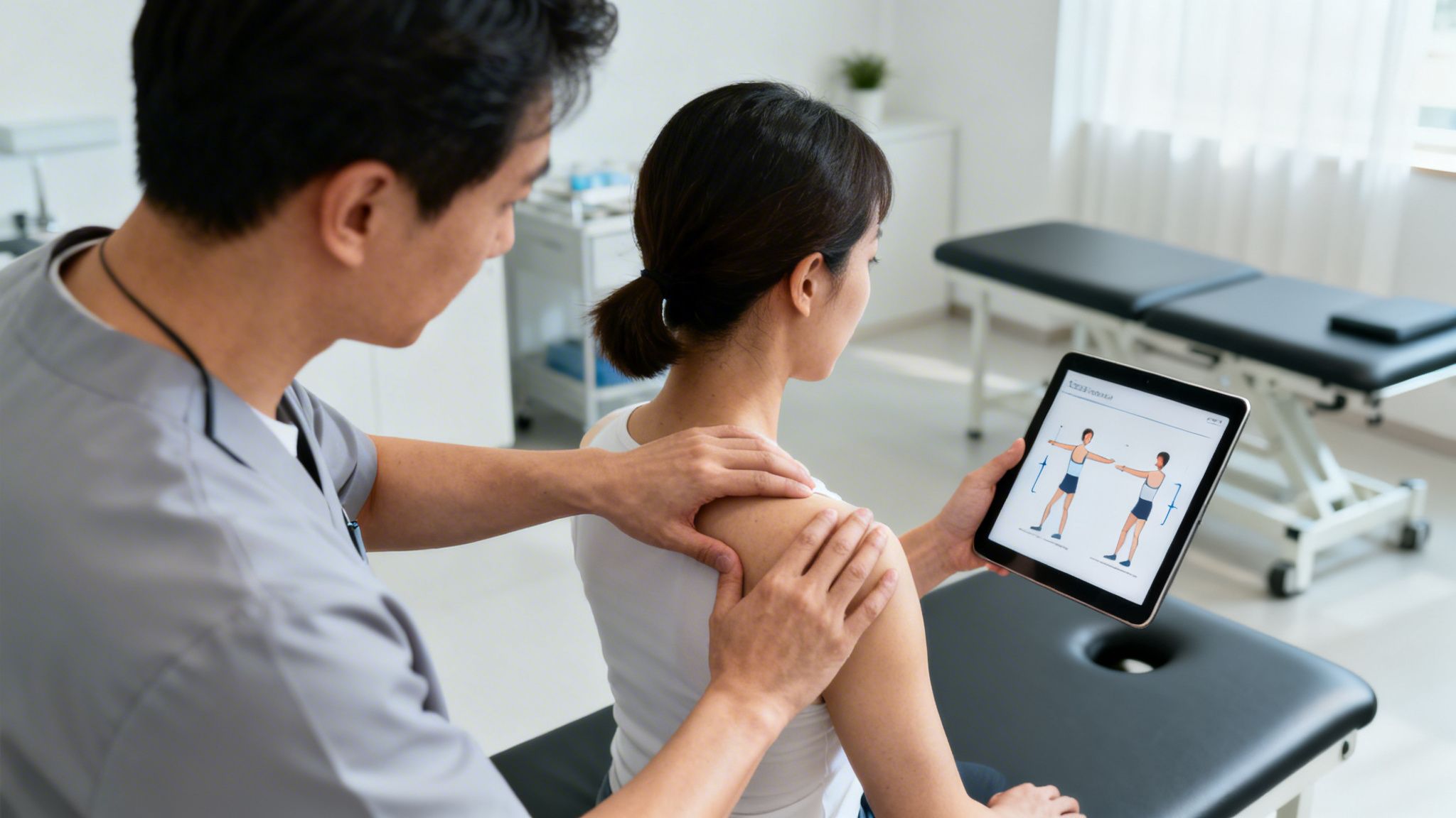 A physical therapist examining a woman's shoulder and showing her rehab exercises on a tablet.