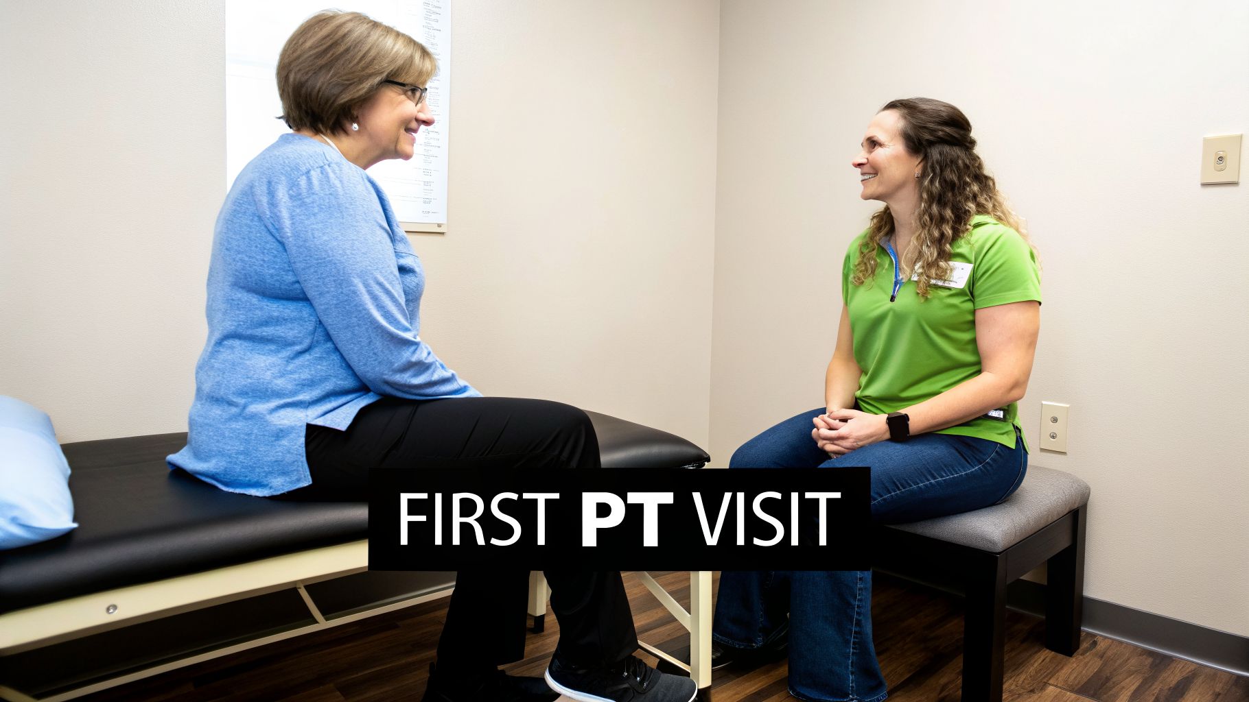 Two women, a patient and physical therapist, smiling and talking during a consultation in a clinic.