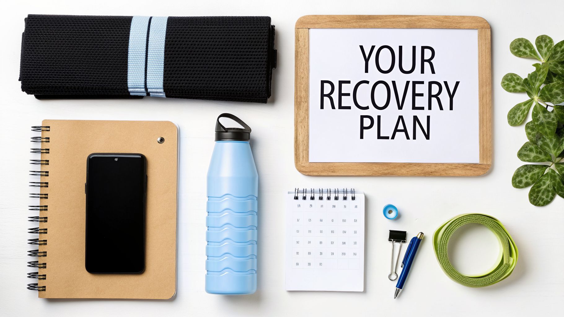 Overhead flat lay of wellness items including an exercise mat, water bottle, notebook, and a 'YOUR RECOVERY PLAN' sign.