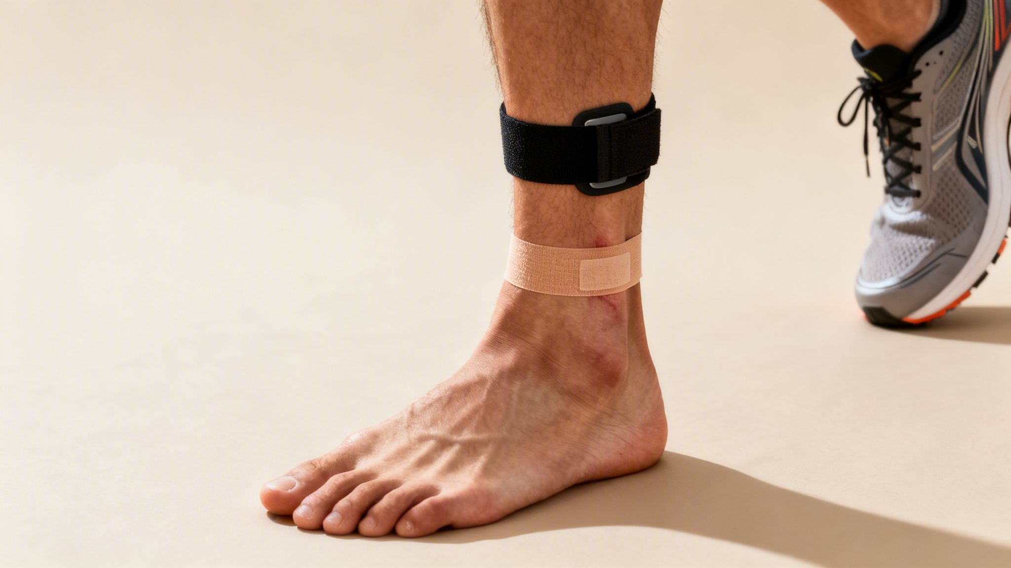 Close-up of a person's lower leg with a fitness tracker and a bandage on their ankle.