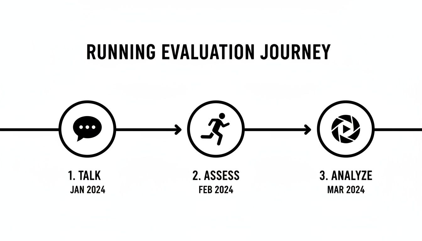 Running evaluation journey flowchart showing three steps: Talk, Assess, and Analyze, from January to March 2024.