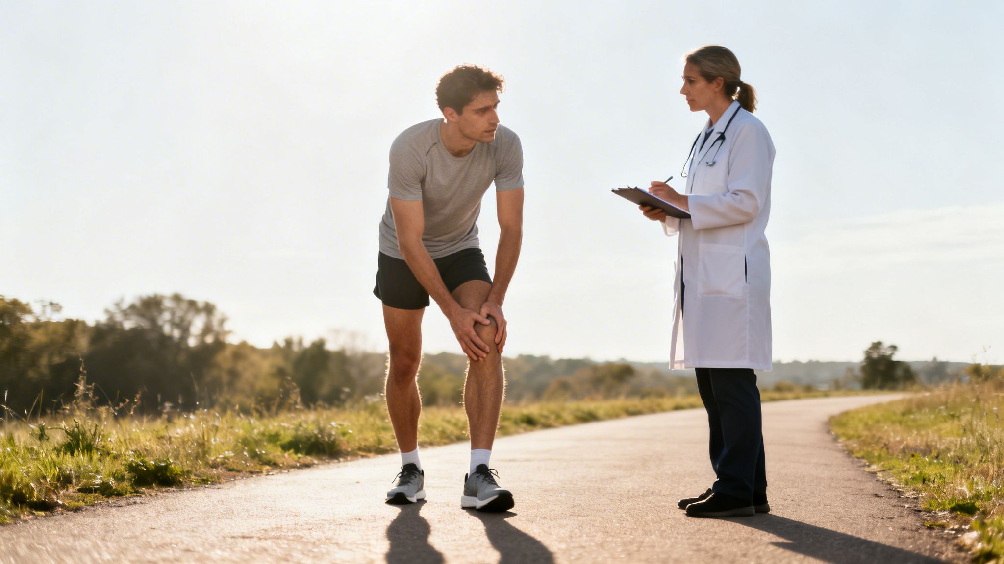 Male runner holding his painful knee while a female doctor takes notes outdoors.