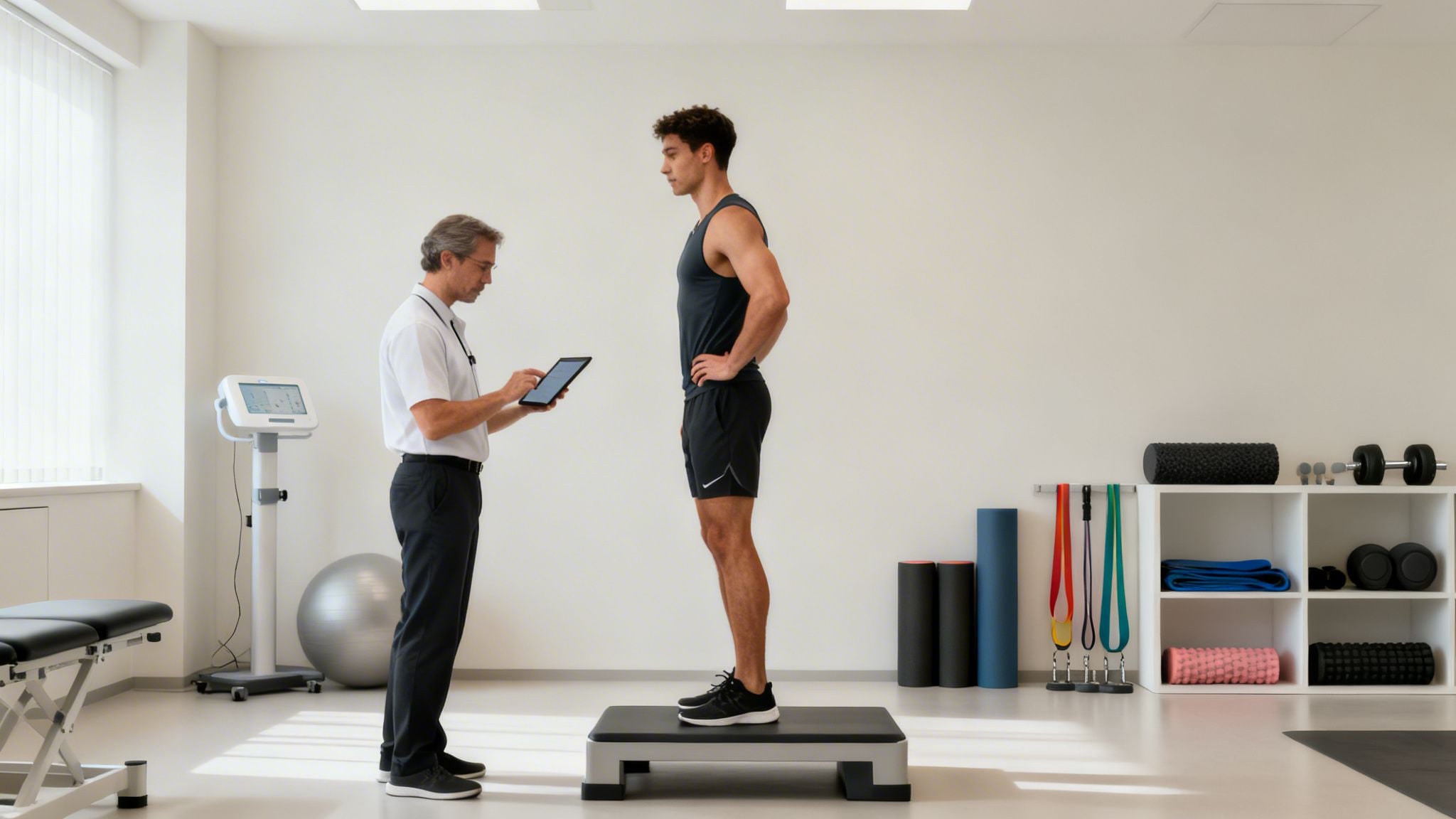 A male physiotherapist uses a tablet while examining a male athlete standing on a step platform in a clinic.