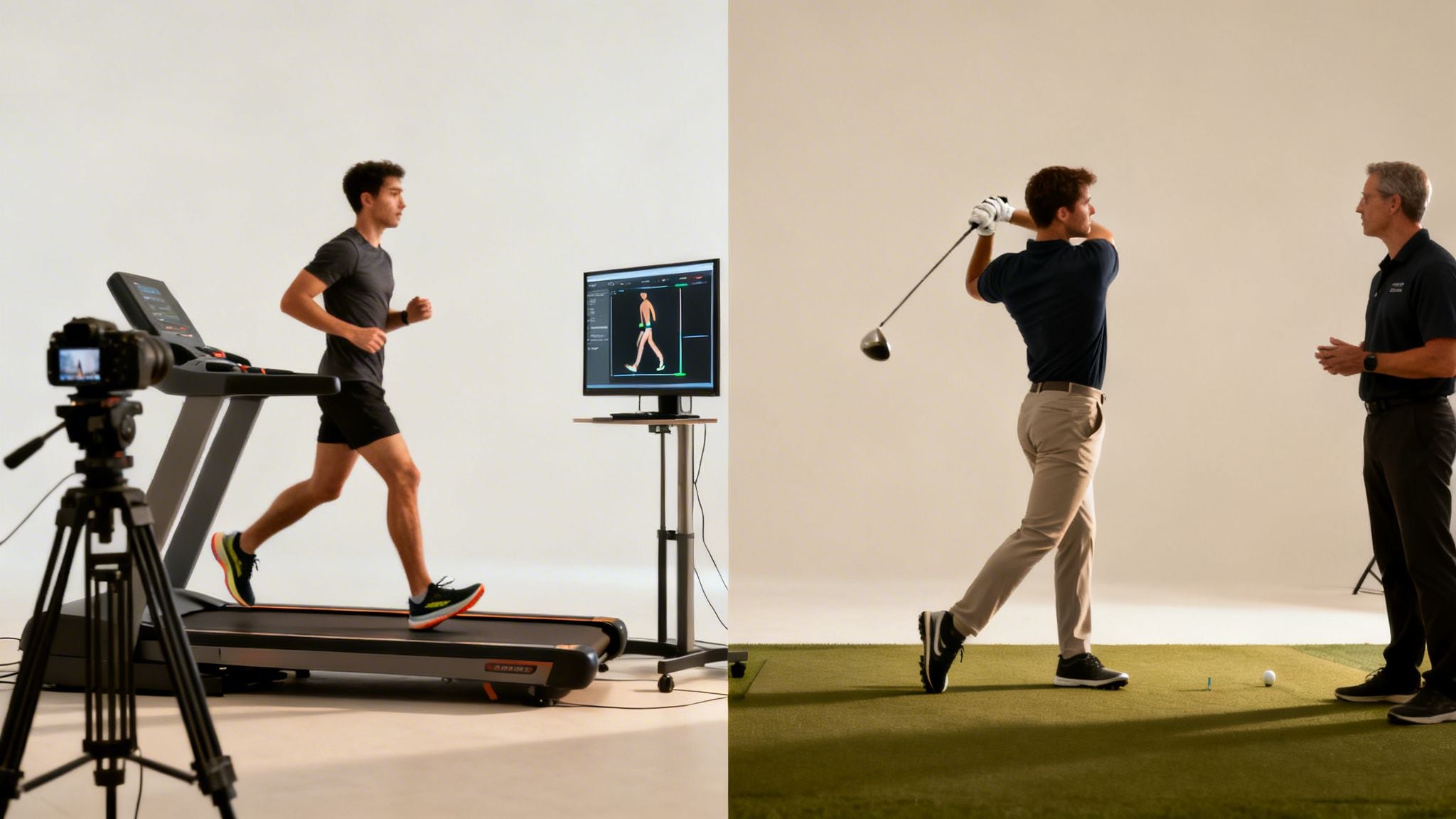 Athletes undergoing performance analysis: a runner on a treadmill with motion capture, and a golfer with a coach.