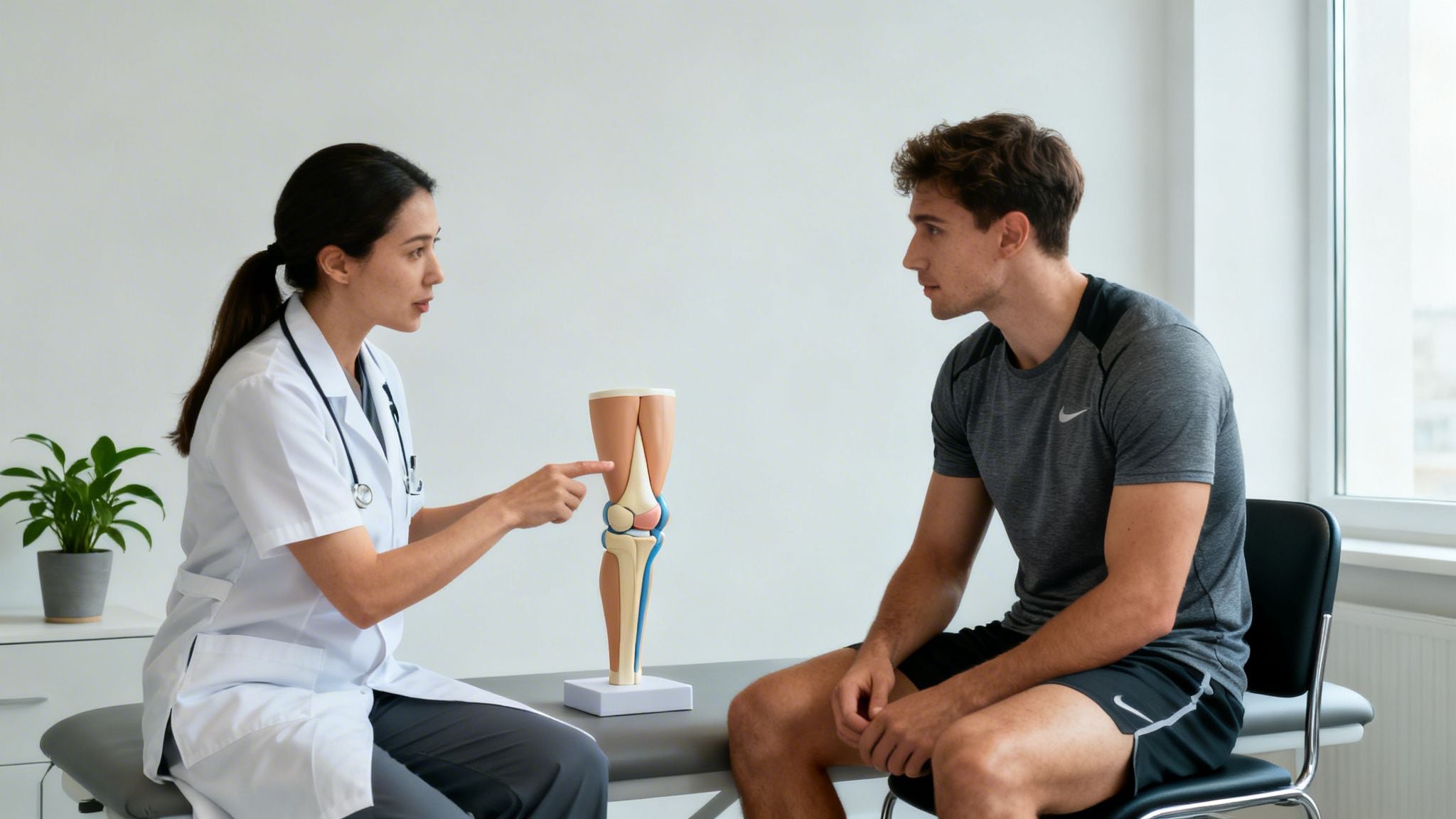 A doctor explains a knee model to a male patient in a sports medicine clinic.