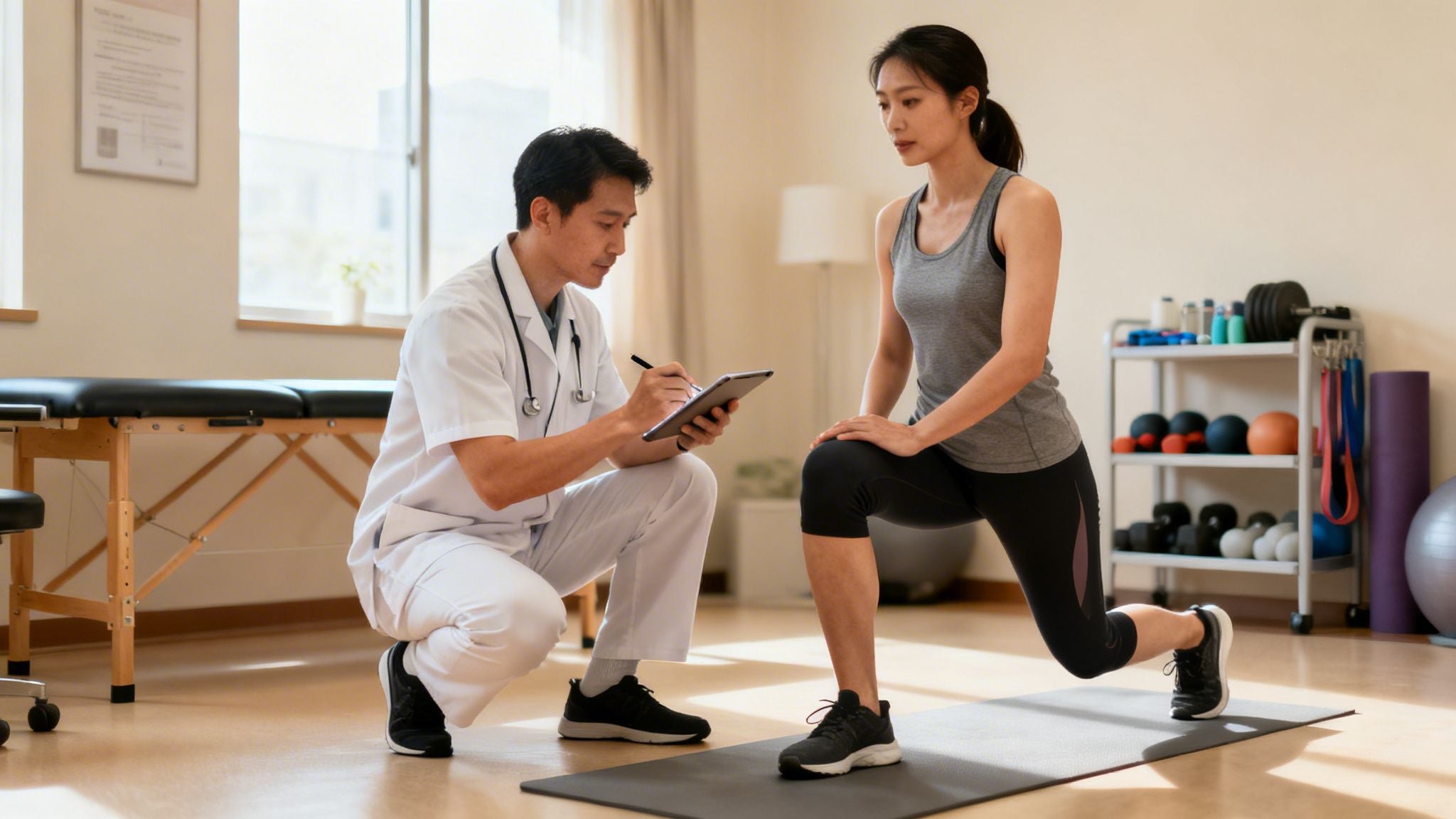 A physical therapist observes a woman doing lunges during a sports medicine rehabilitation session.