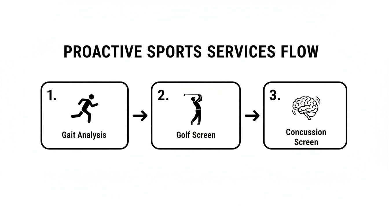 Flowchart showing proactive sports services: Gait Analysis, Golf Screen, and Concussion Screen steps.