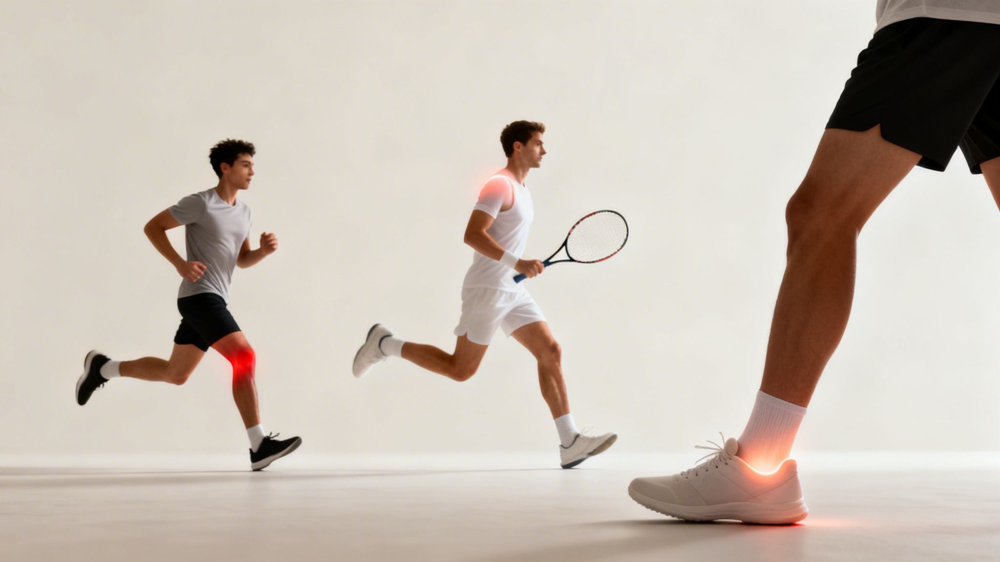 Three male athletes with glowing red pain points in knee, shoulder, and ankle during sports.