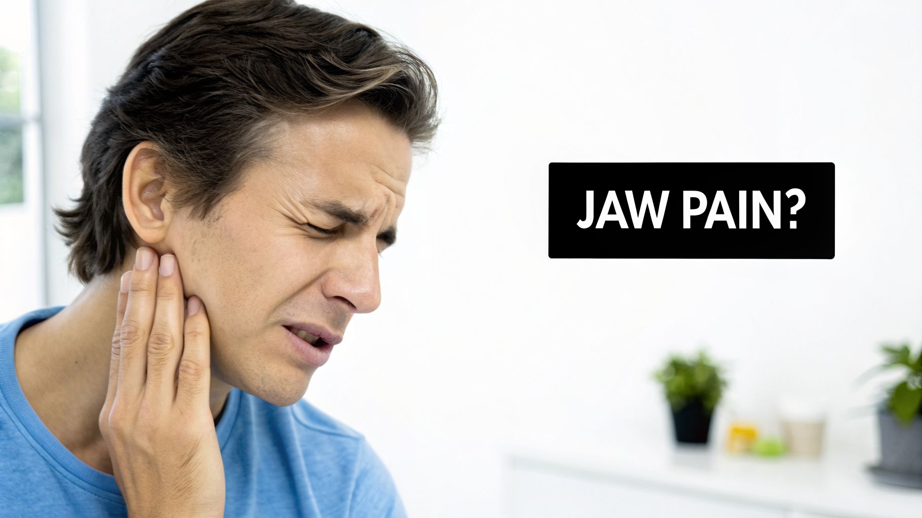 A man grimaces in pain, holding his jaw, with text 'JAW PAIN?' next to him.