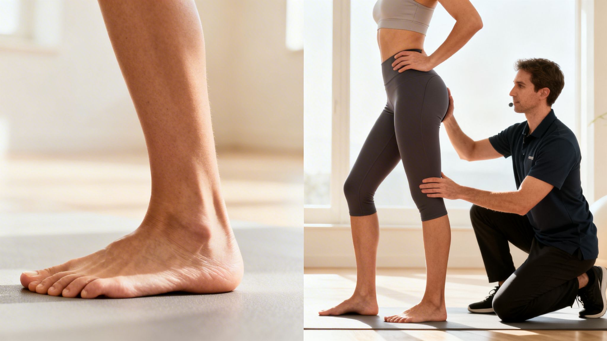 A close-up of a bare foot and leg, next to a therapist assessing a woman's posture or gait.