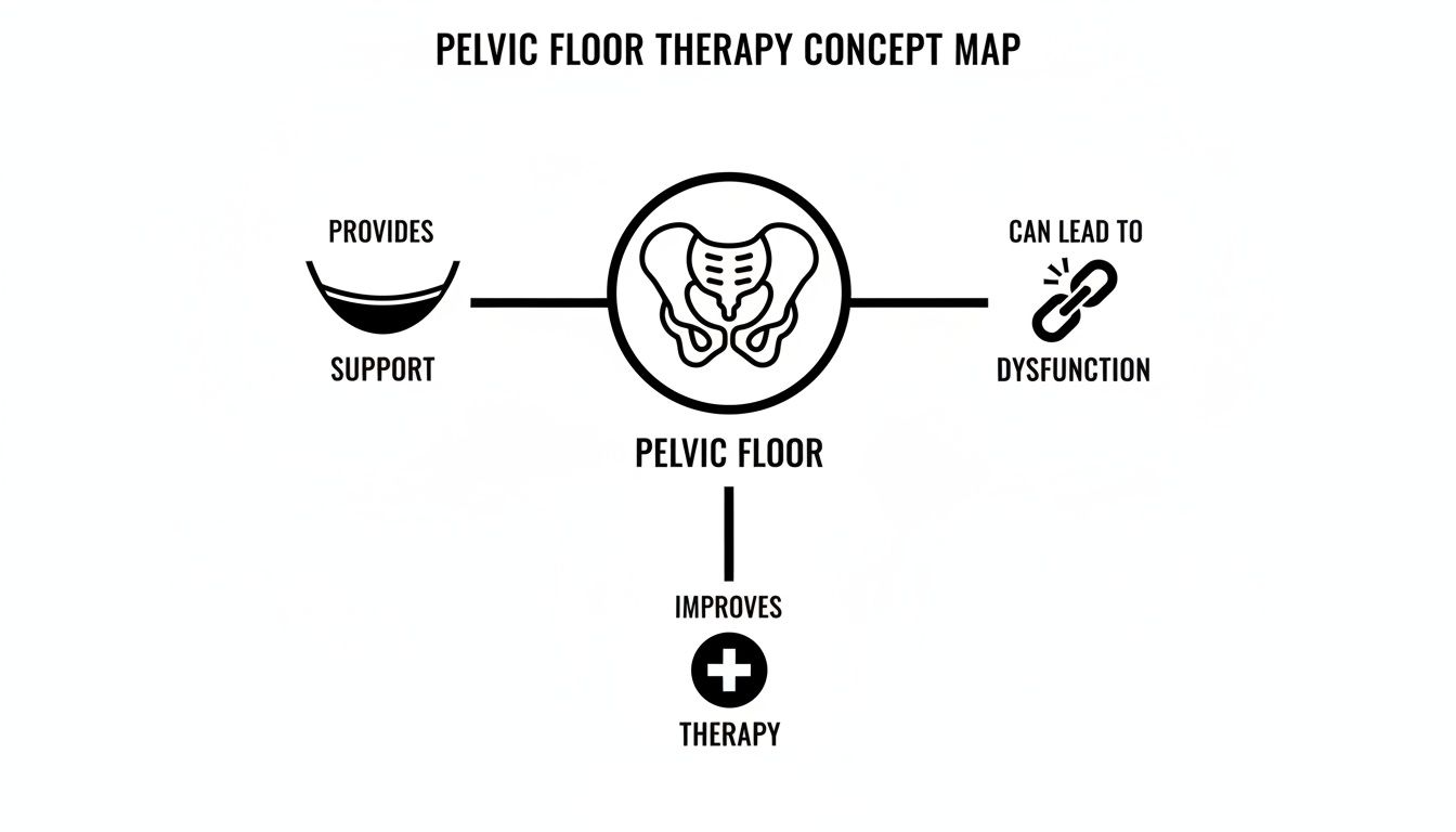 A concept map explaining the pelvic floor, its support function, potential for dysfunction, and improvement through therapy.