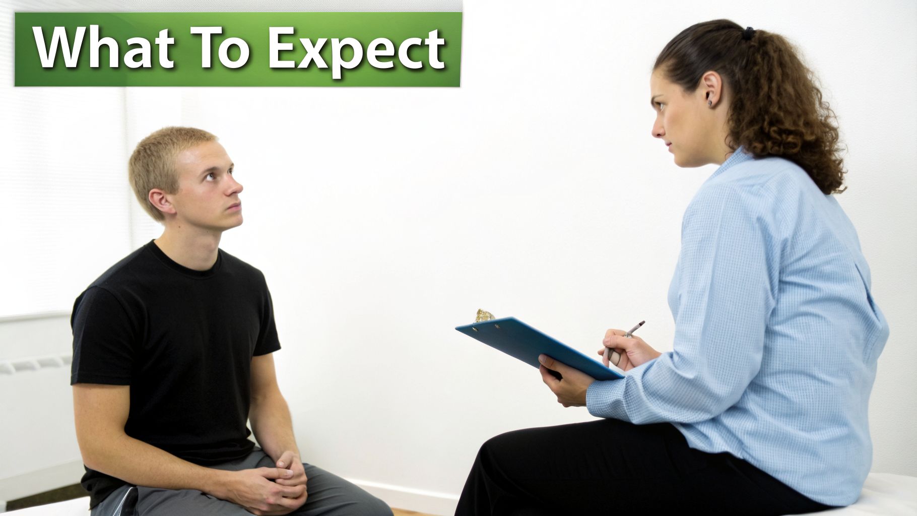 A young man consults with a female practitioner who is writing notes on a clipboard.