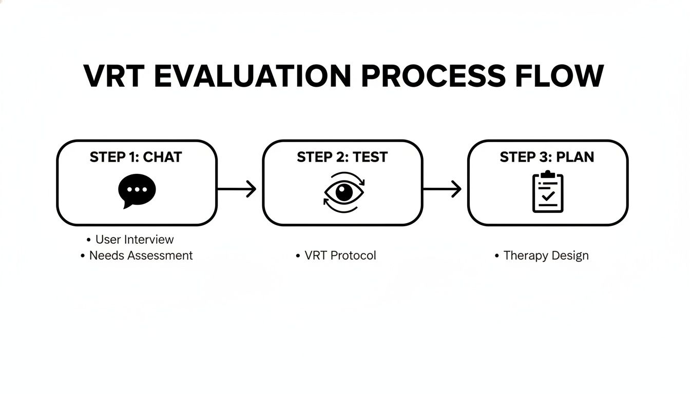 Flowchart outlining the VRT Evaluation Process with three steps: Chat, Test, and Plan.